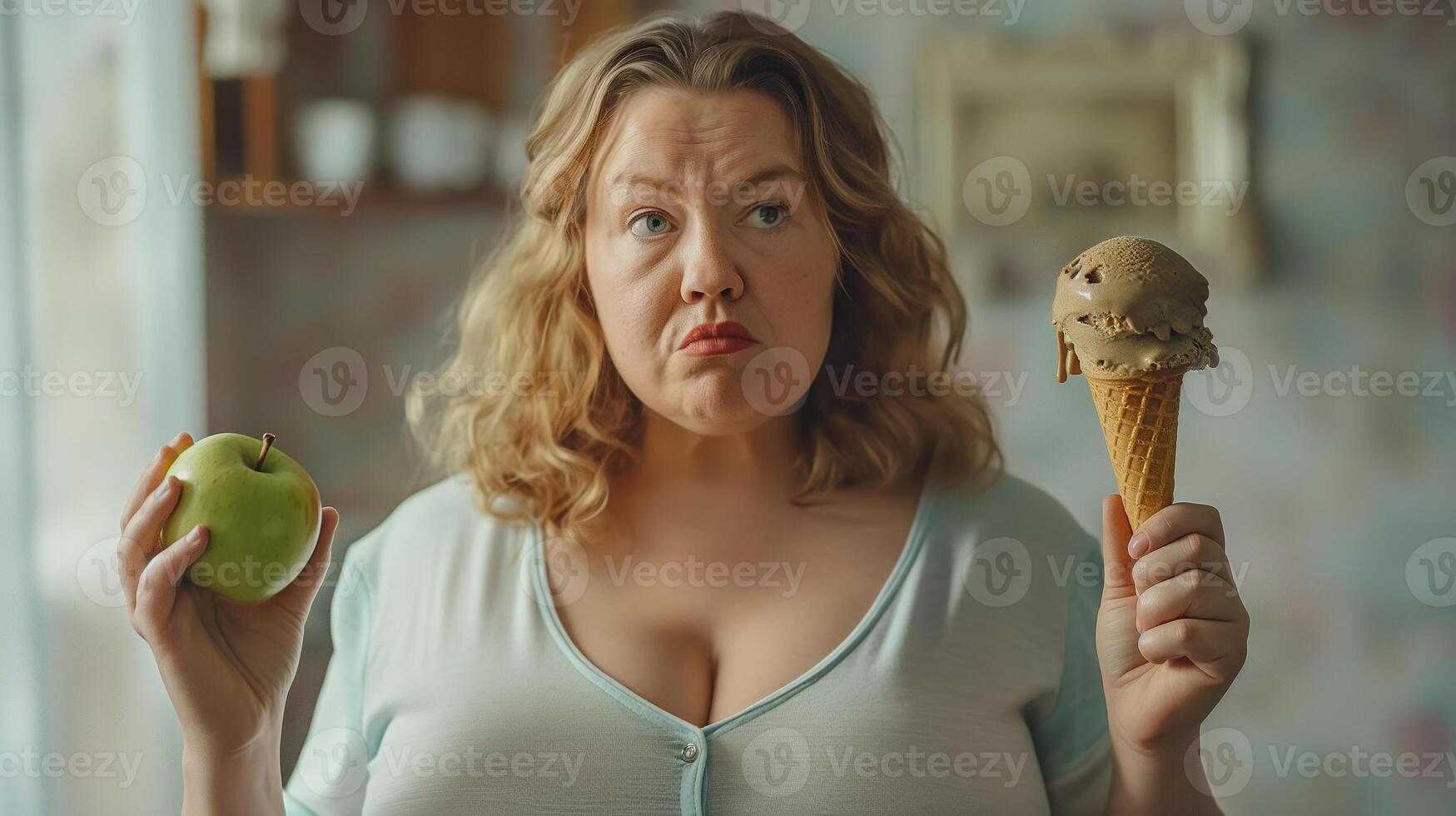 This person holds an apple in one hand and an ice cream cone in the other, contemplating decisions. photo
