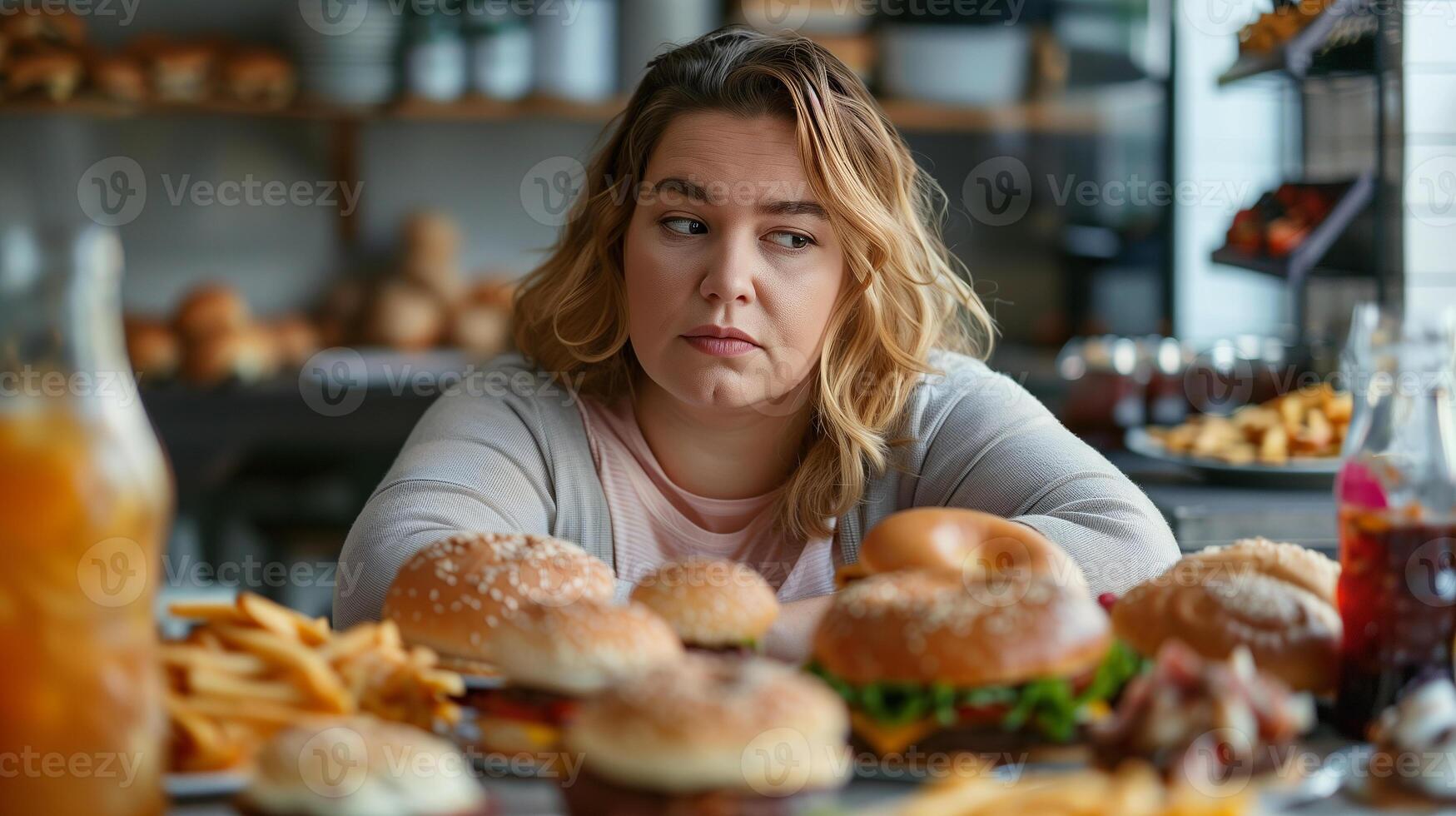This Person looks pensive while surrounded by an array of tempting fast food items at a restaurant. photo