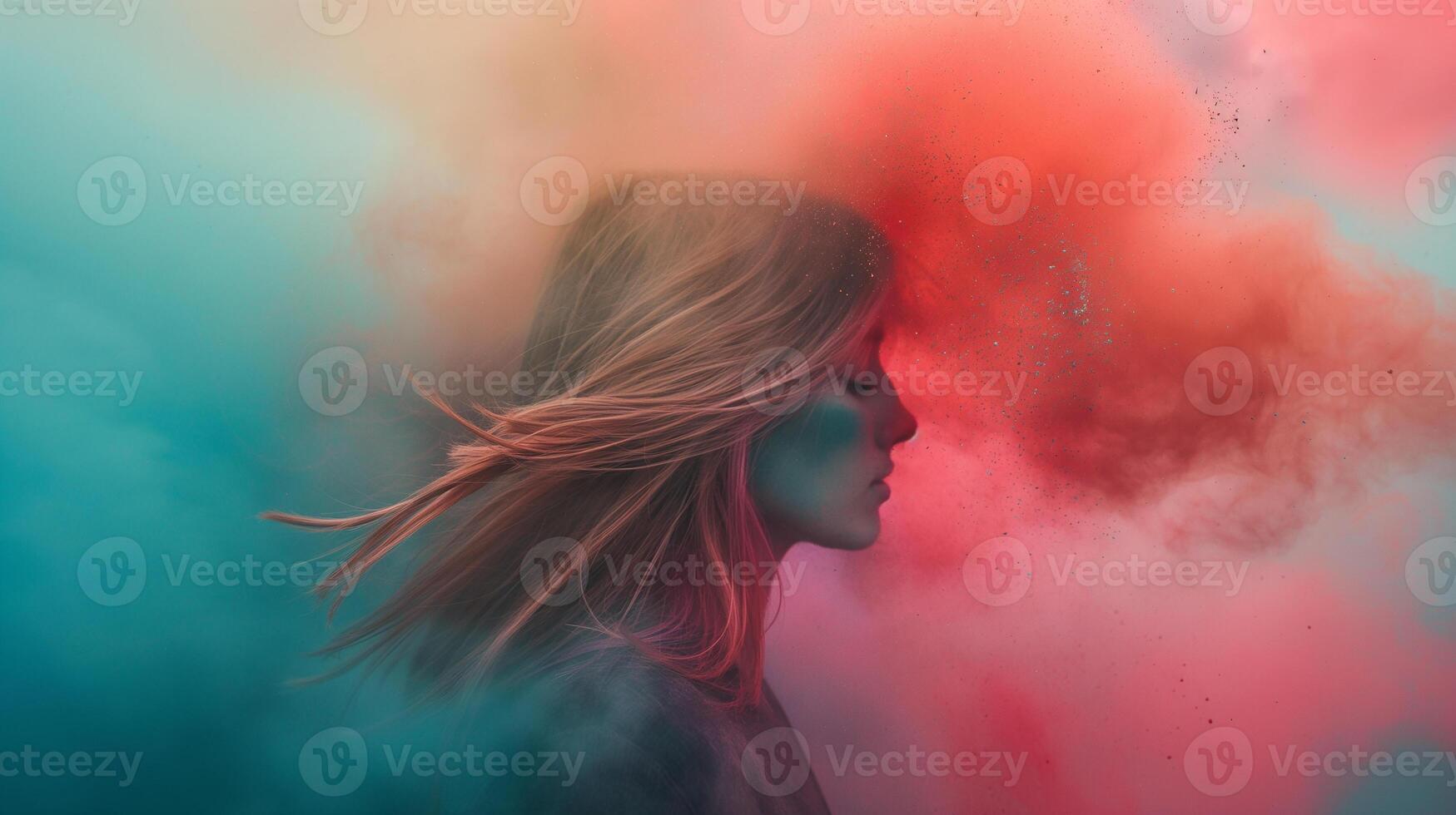 This Faces and surroundings are filled with bright colors during the Holi festival, celebrating spring. photo