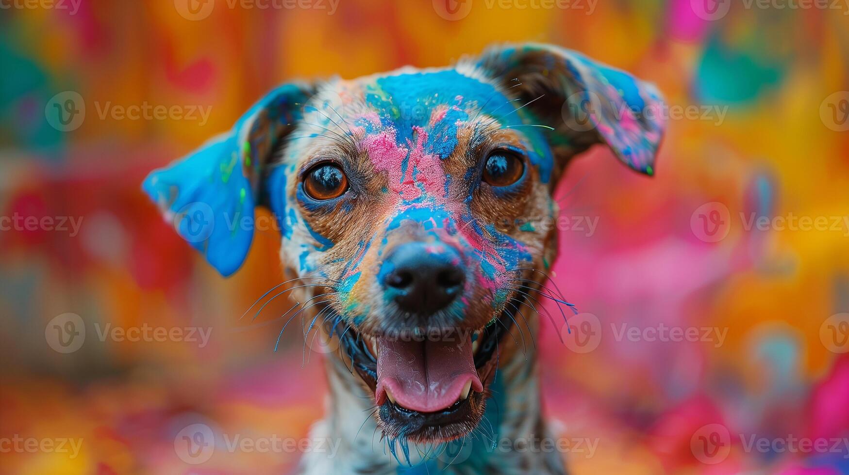 This cheerful dog covered in colorful powders enjoys the Holi festival celebration outdoors. photo