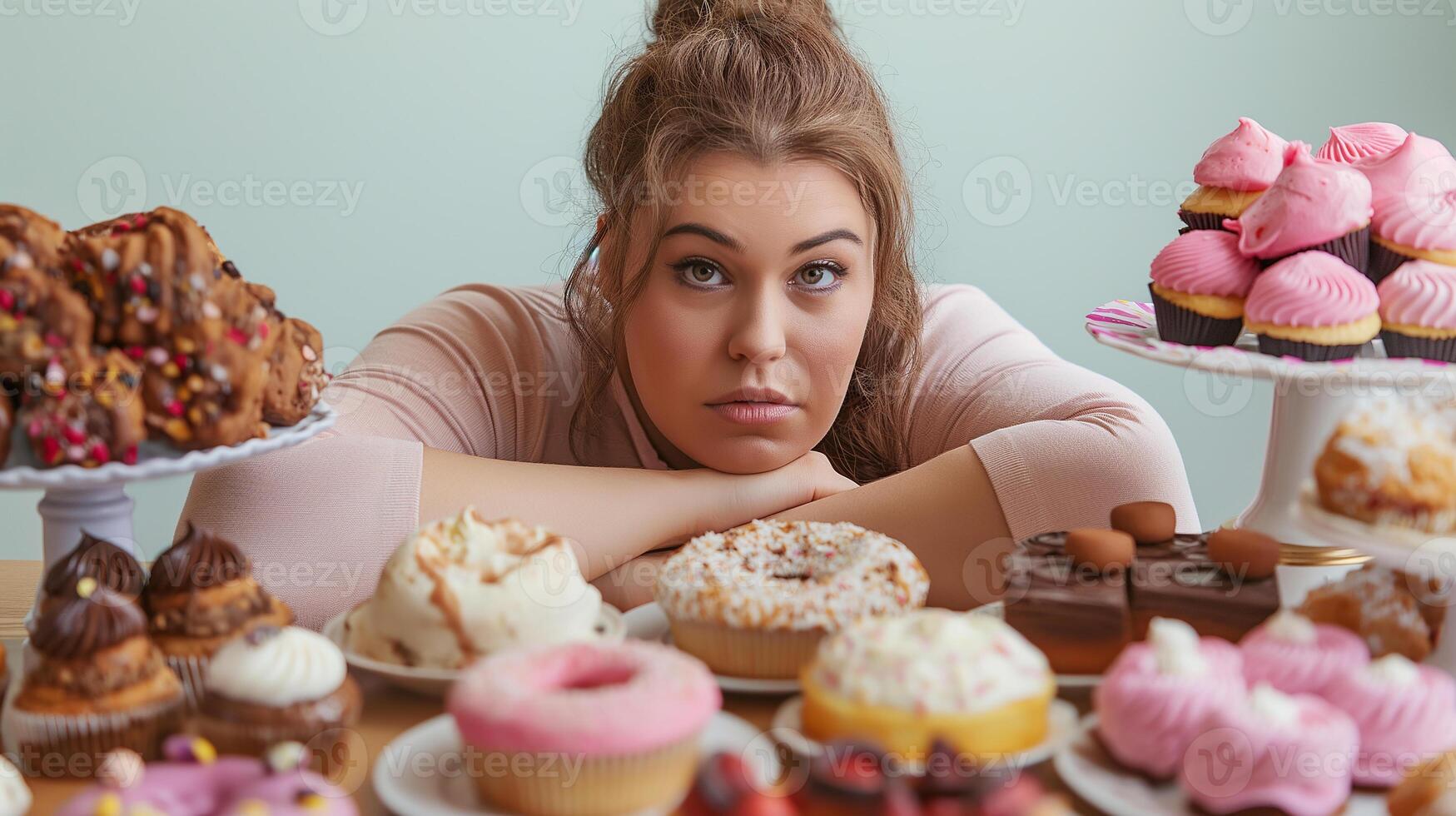 This woman looks contemplative while resting her head on her arms, surrounded by various desserts. photo