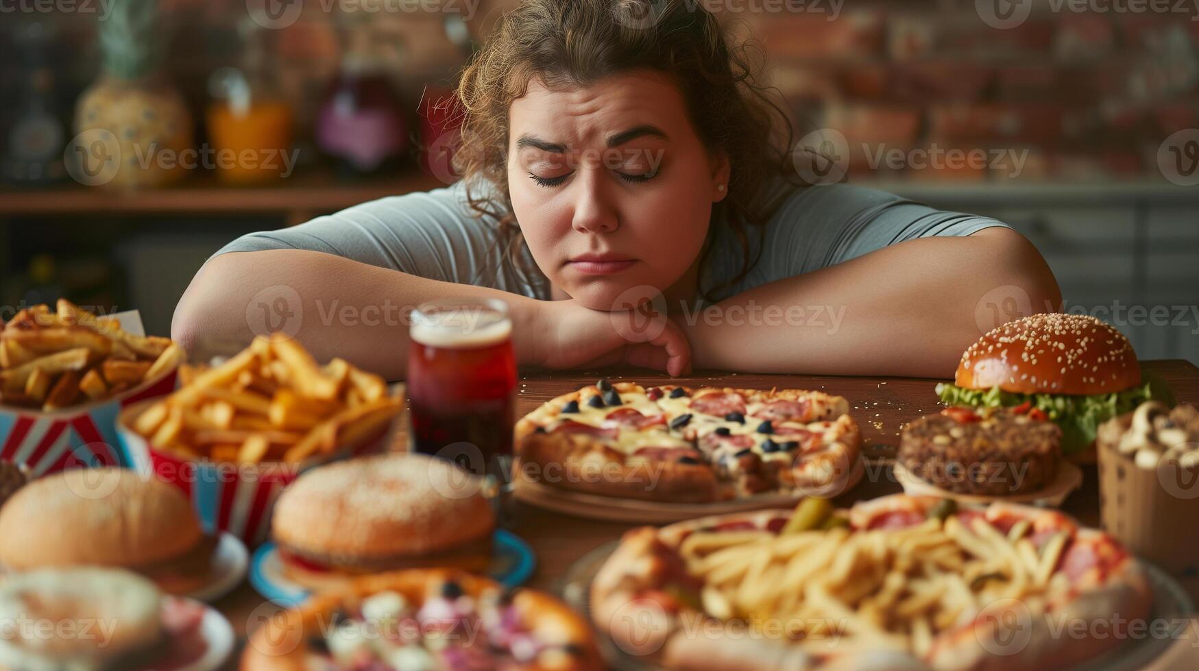 This disappointed person faces a table of tempting fast food, thinking about their excess weight. photo