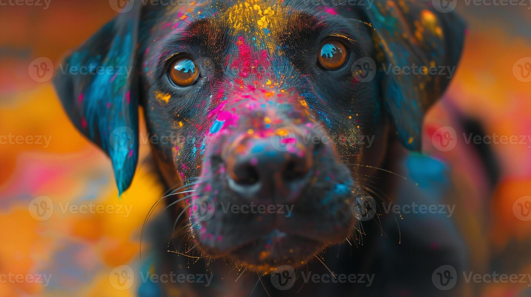 This black dog joyfully participates in Holi, showcasing its fur covered in bright colors. photo