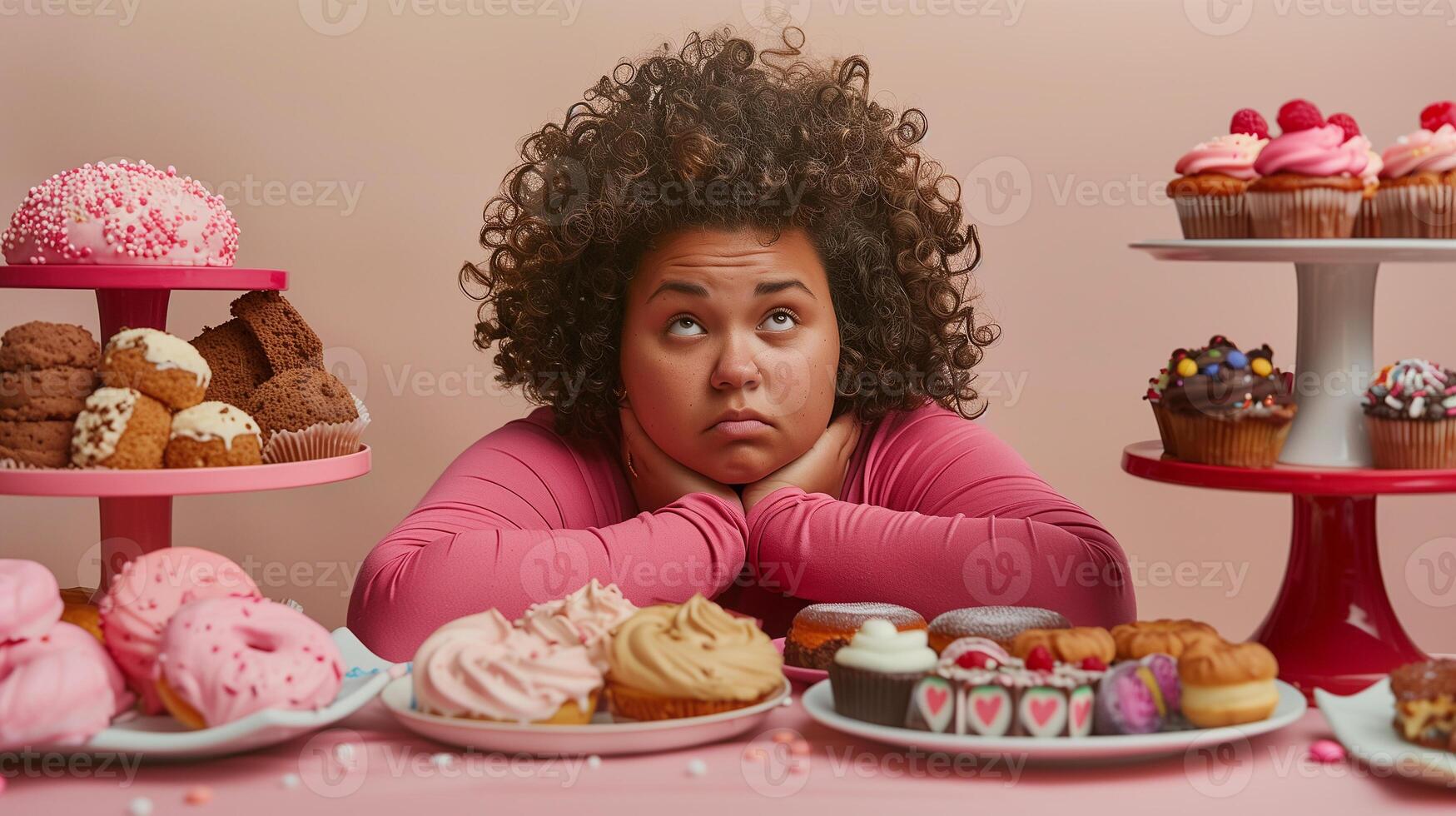 This person sits with arms crossed, gazing up thoughtfully at an array of desserts. photo