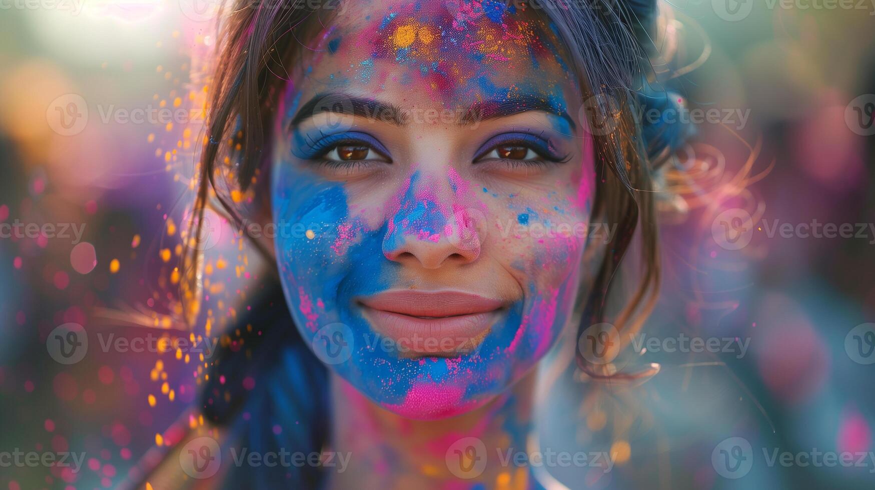 This person covered in bright colors smiles during the Holi festival, celebrating joy and unity. photo