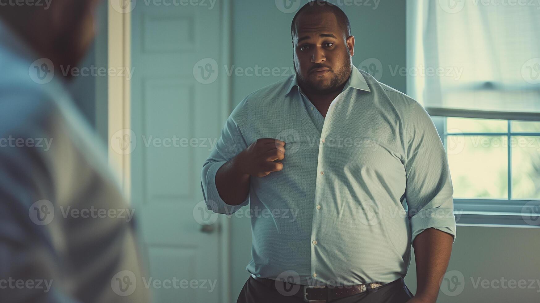 This man stands in front of a mirror adjusting his shirt, appearing concerned about the fit. photo