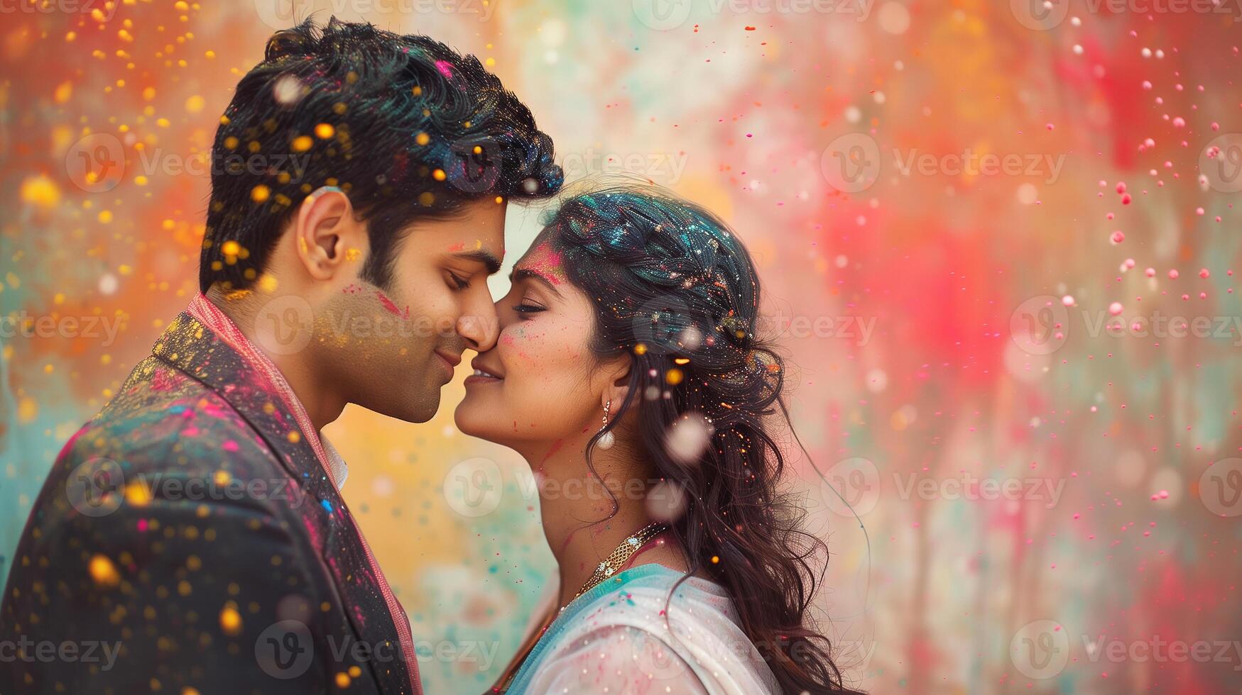 This couple shares a joyful moment during Holi, surrounded by colorful powders and festive spirit. photo