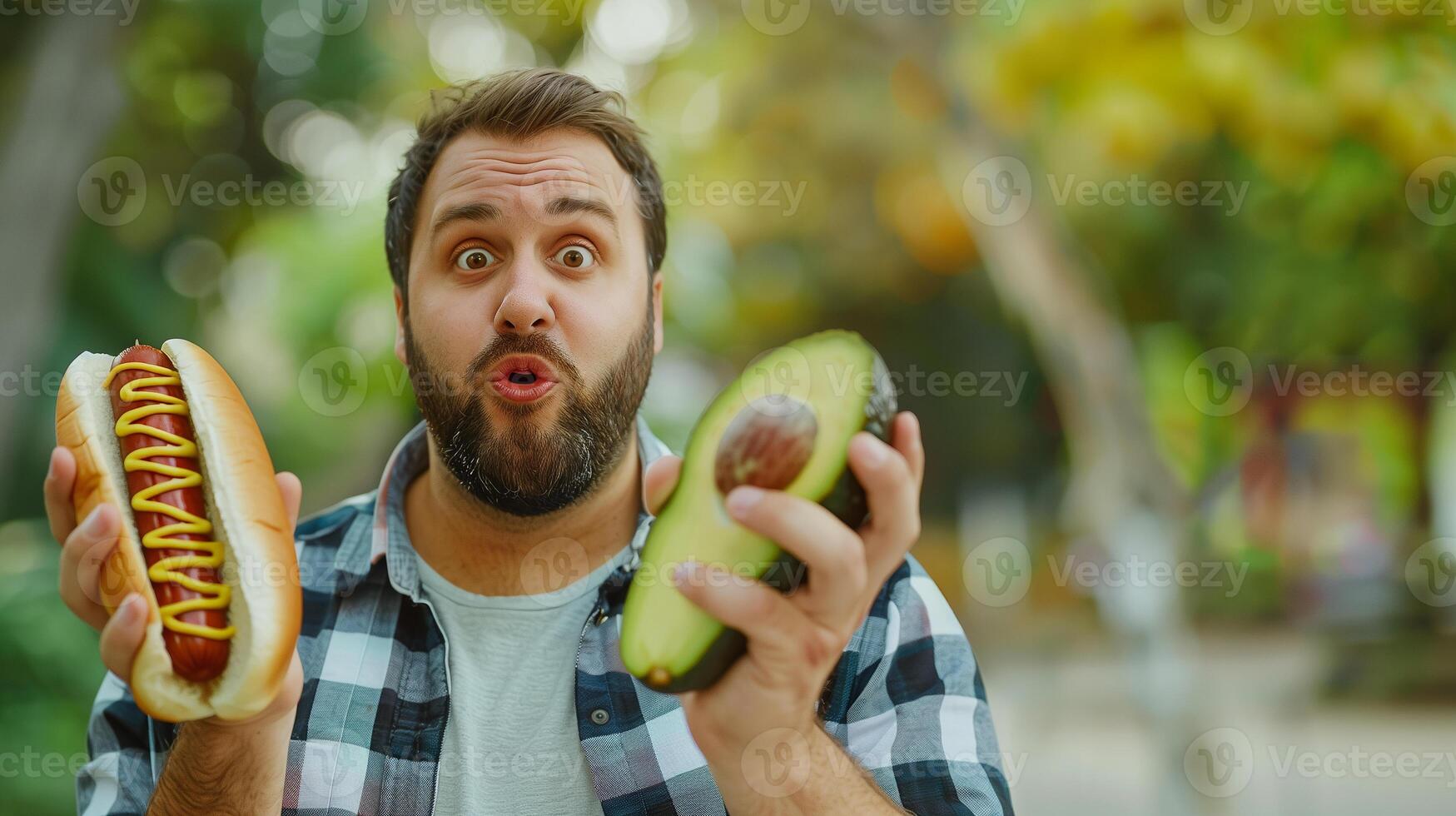 This man expresses shock while holding a hot dog in one hand and an avocado in the other outdoors. photo