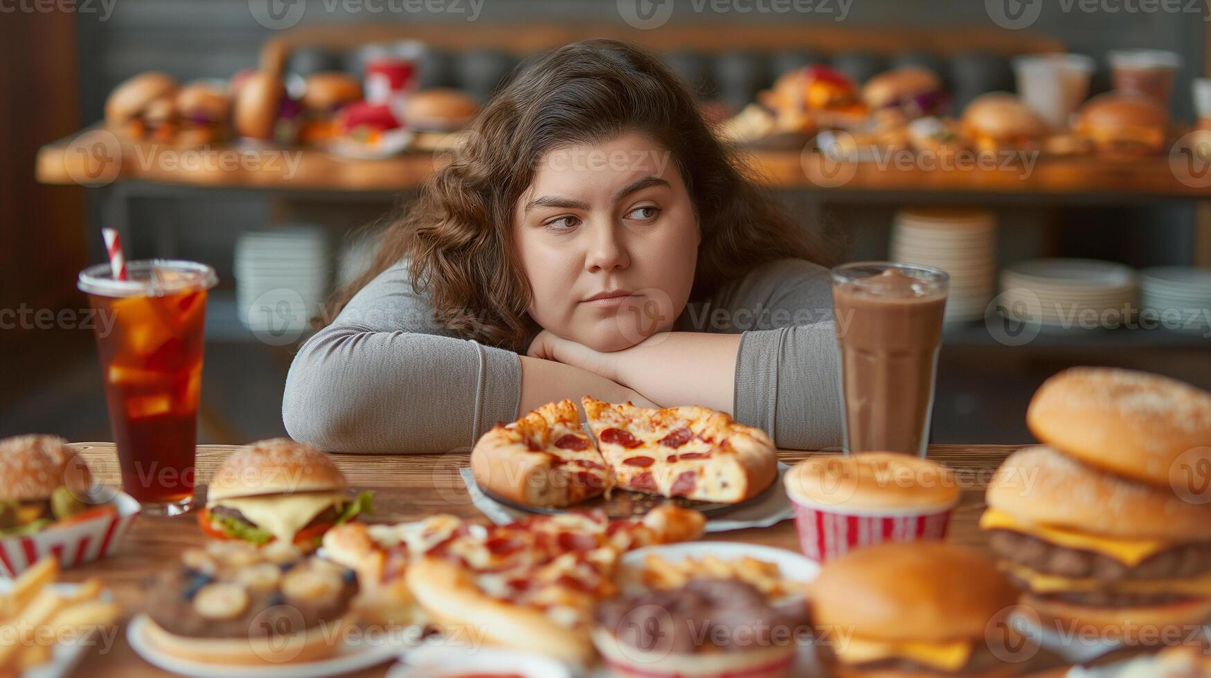This woman stares thoughtfully at a table full of various foods and drinks, making decisions. photo