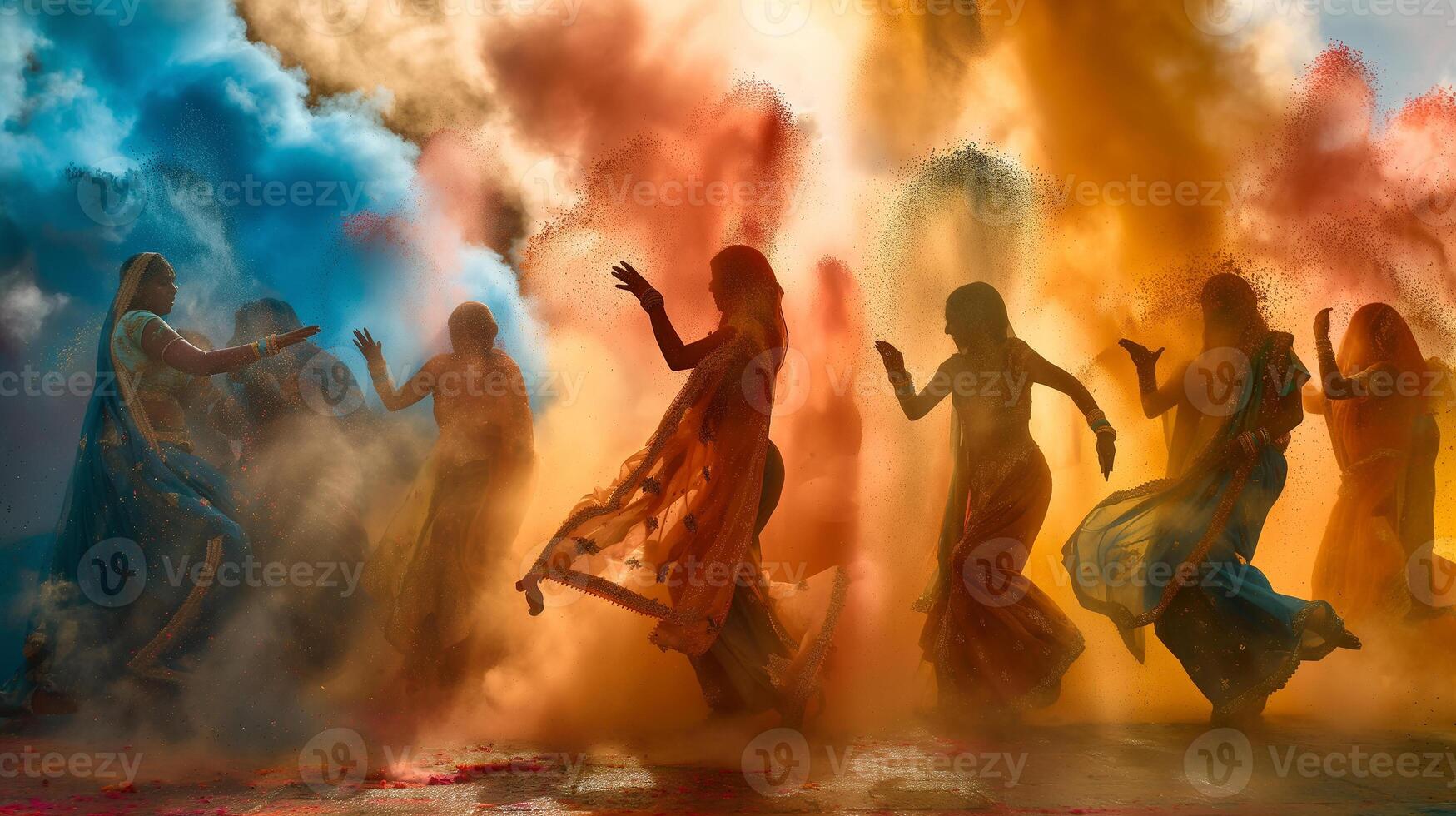 This Women dance joyfully during the Holi festival, surrounded by clouds of colorful powders in India. photo