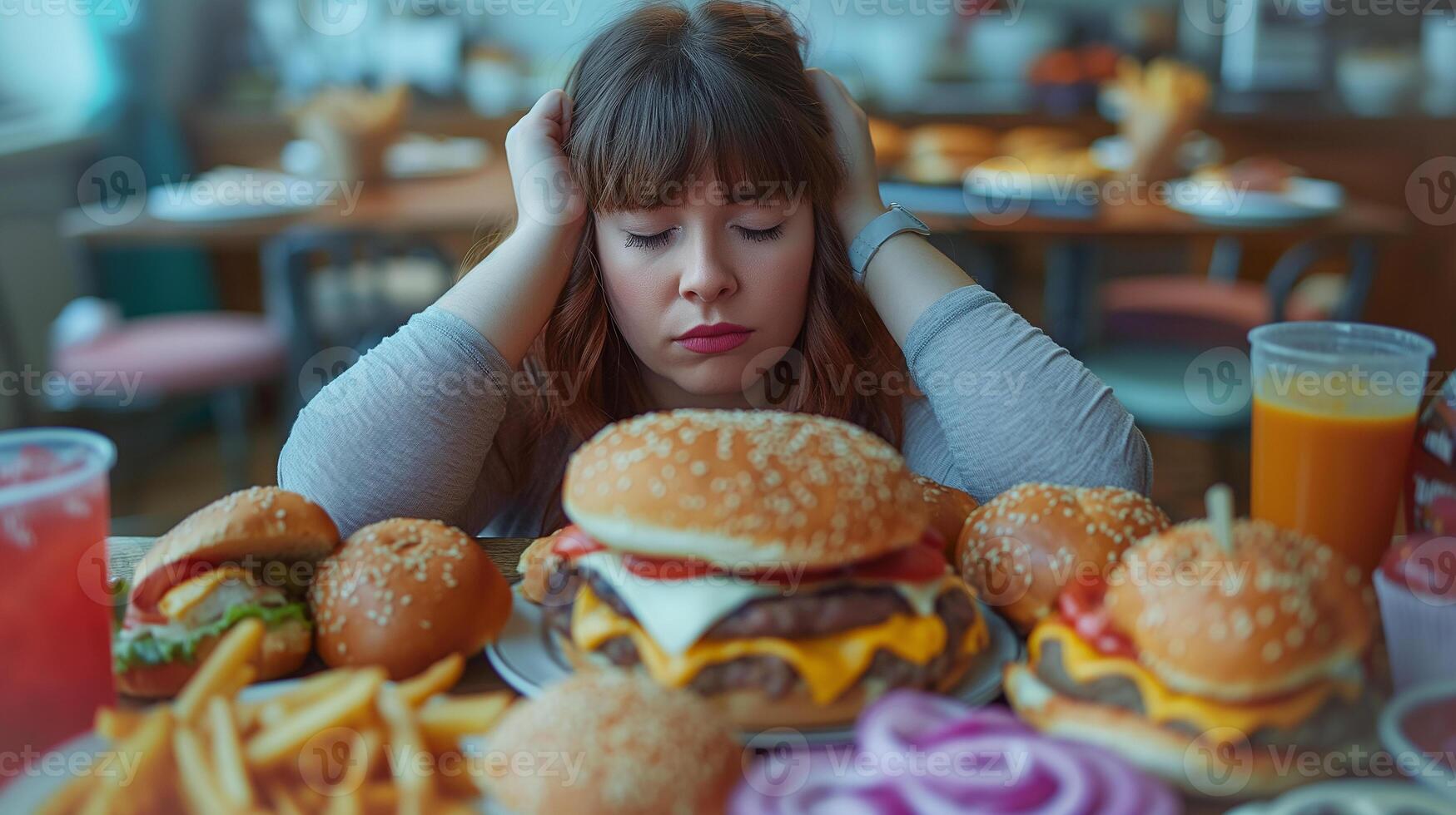 This woman appears overwhelmed by an excessive spread of fast food in a casual dining setting. photo
