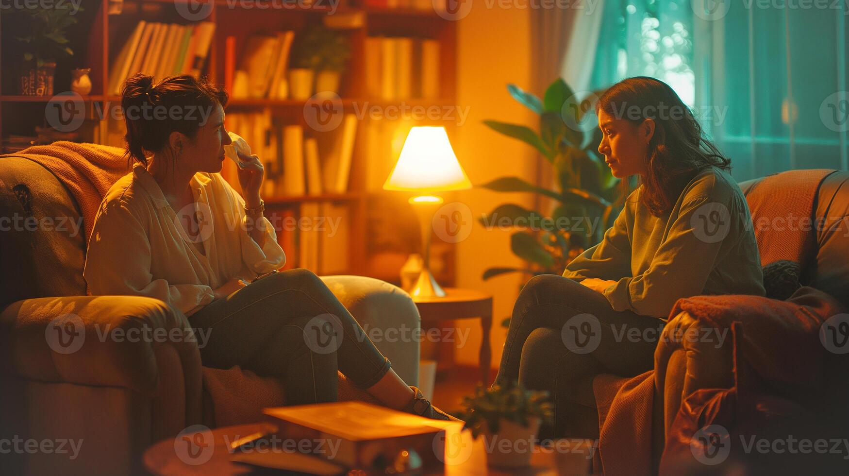 This Two psychologists discuss personal matters in a comfortable living room, surrounded by books. photo