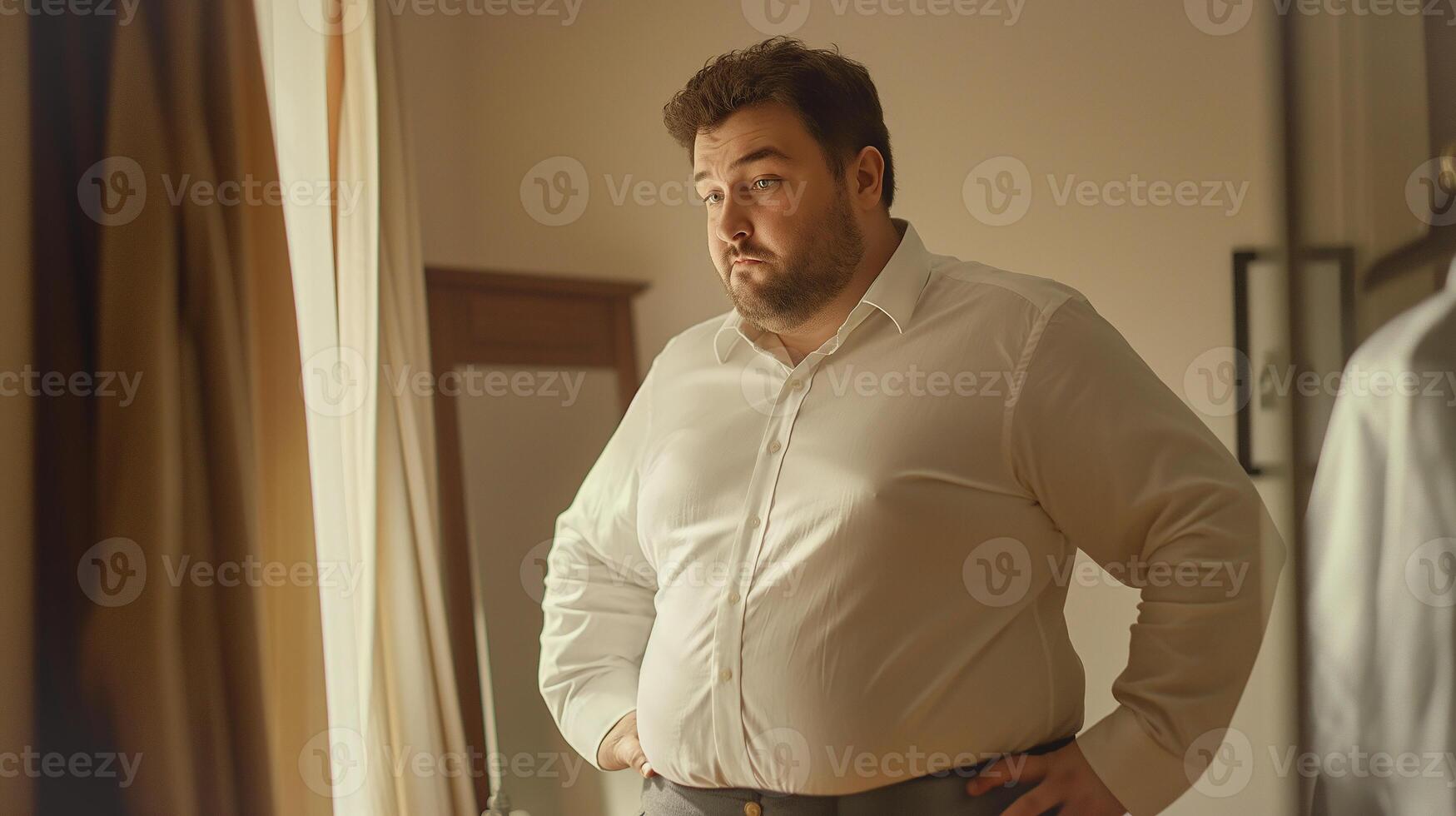 This heavyset man stands pensively, hands on hips, near a window in soft morning light. photo