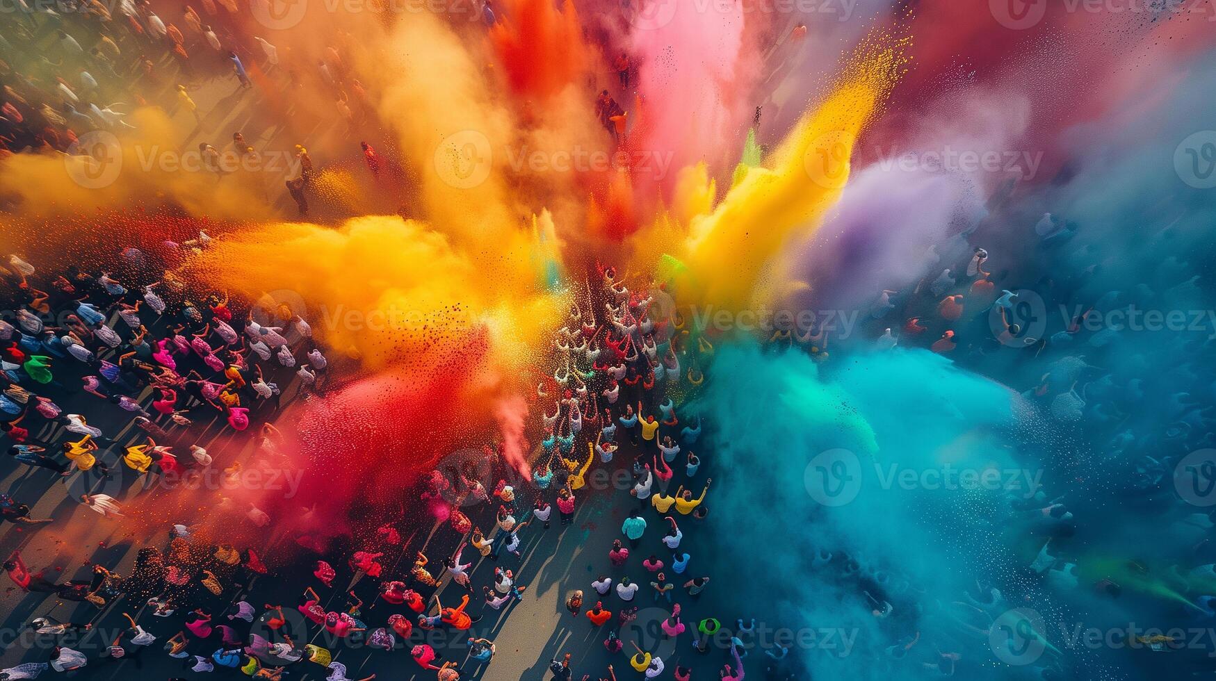 This Crowds joyfully celebrate Holi by throwing colorful powders amidst festive music and laughter. photo