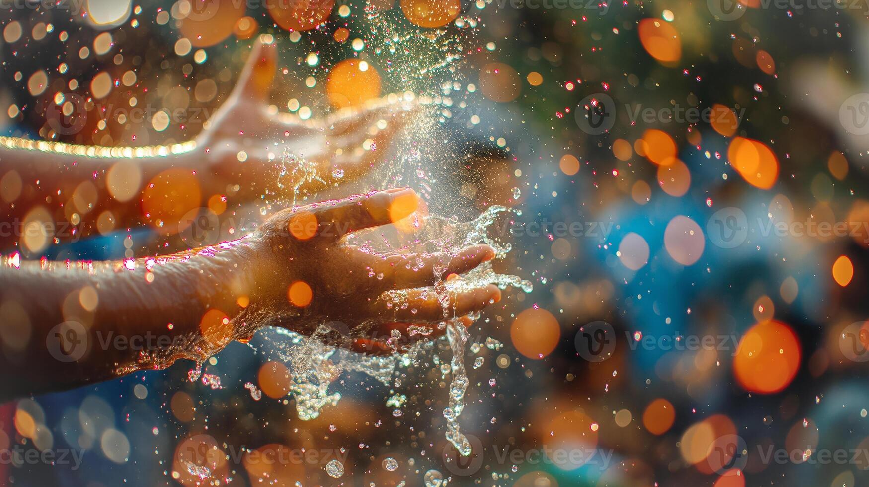 This Hands playfully splash water during Holi, surrounded by colorful powders and joyful festival-goers. photo
