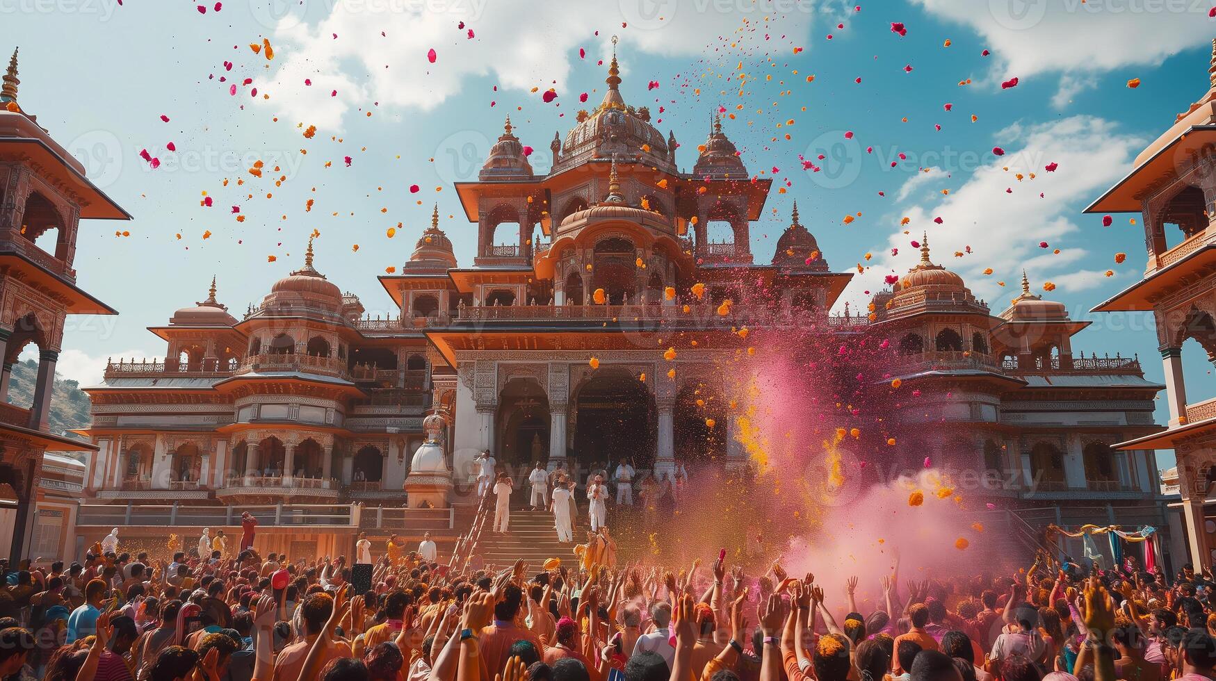 This Crowds gather outside a majestic temple to celebrate Holi, joyfully throwing colors in the air. photo