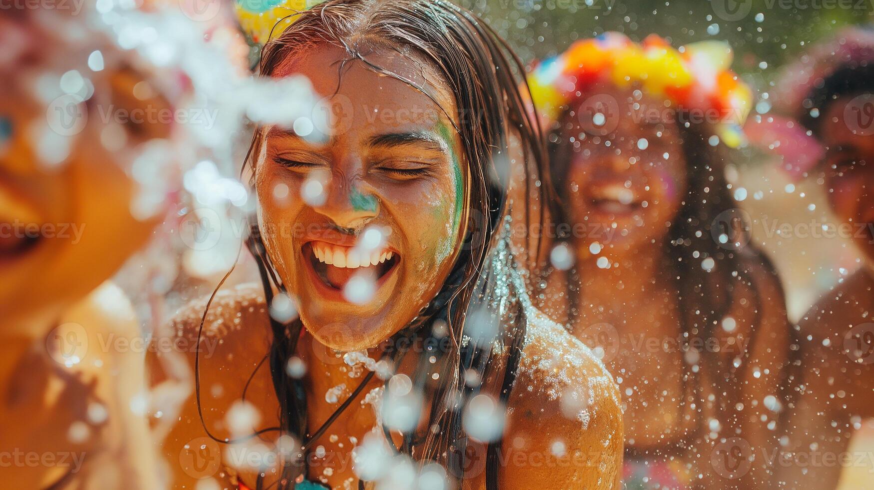 This People are enjoying the Holi festival, playing with colors and water, full of joy and laughter. photo