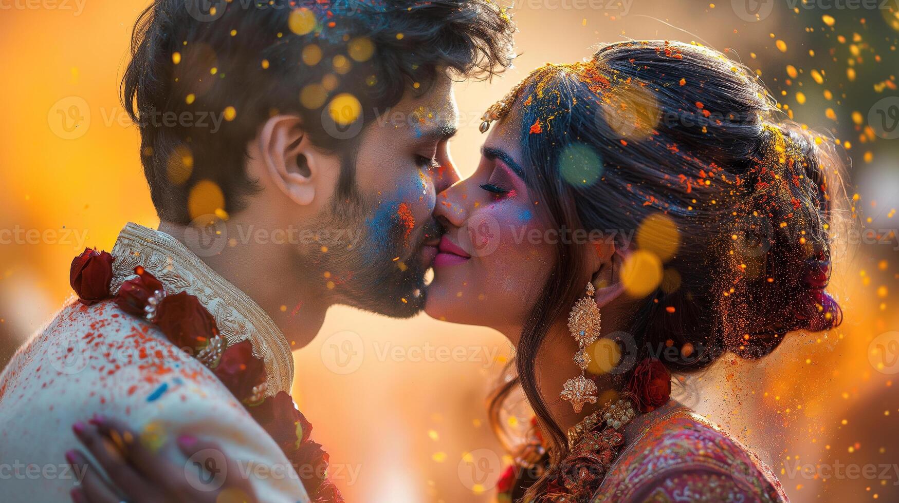 This couple kisses sweetly during Holi, amidst vibrant powders and festive lights. photo