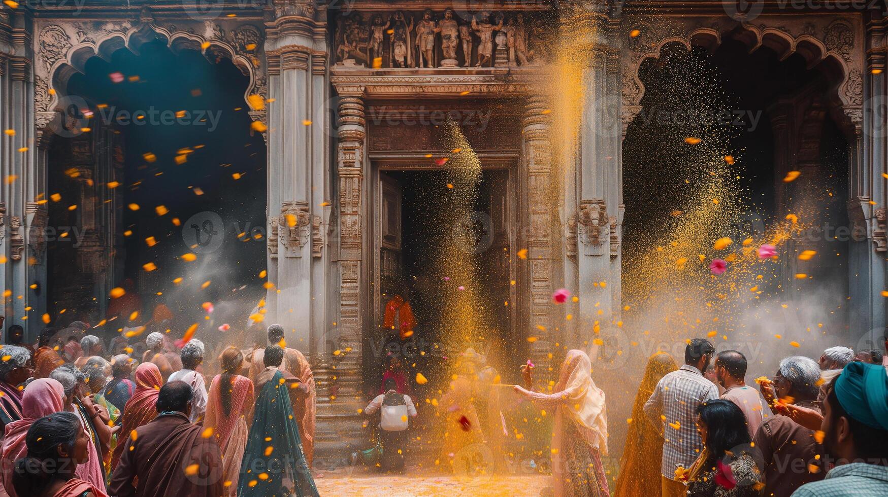 This People joyfully celebrate Holi by throwing colored powders and flowers in a temple courtyard. photo
