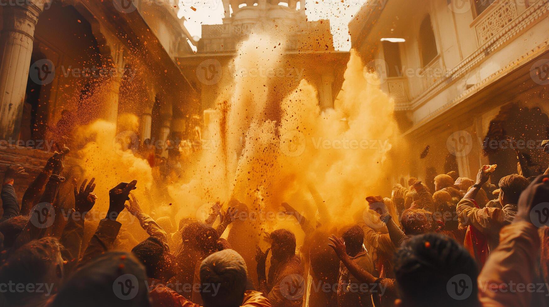 This Participants joyfully toss colored powders in a vibrant courtyard during Holi. photo