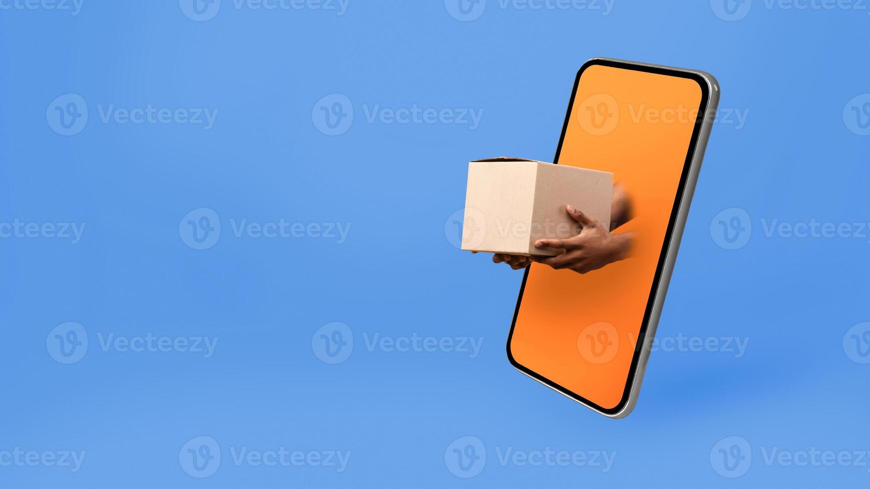 African Courier's Hands Giving Parcel Box From Smartphone Screen Delivering Package To Customer Over Yellow Studio Background. Delivery Application. Collage, Panorama With Empty Space For Text photo