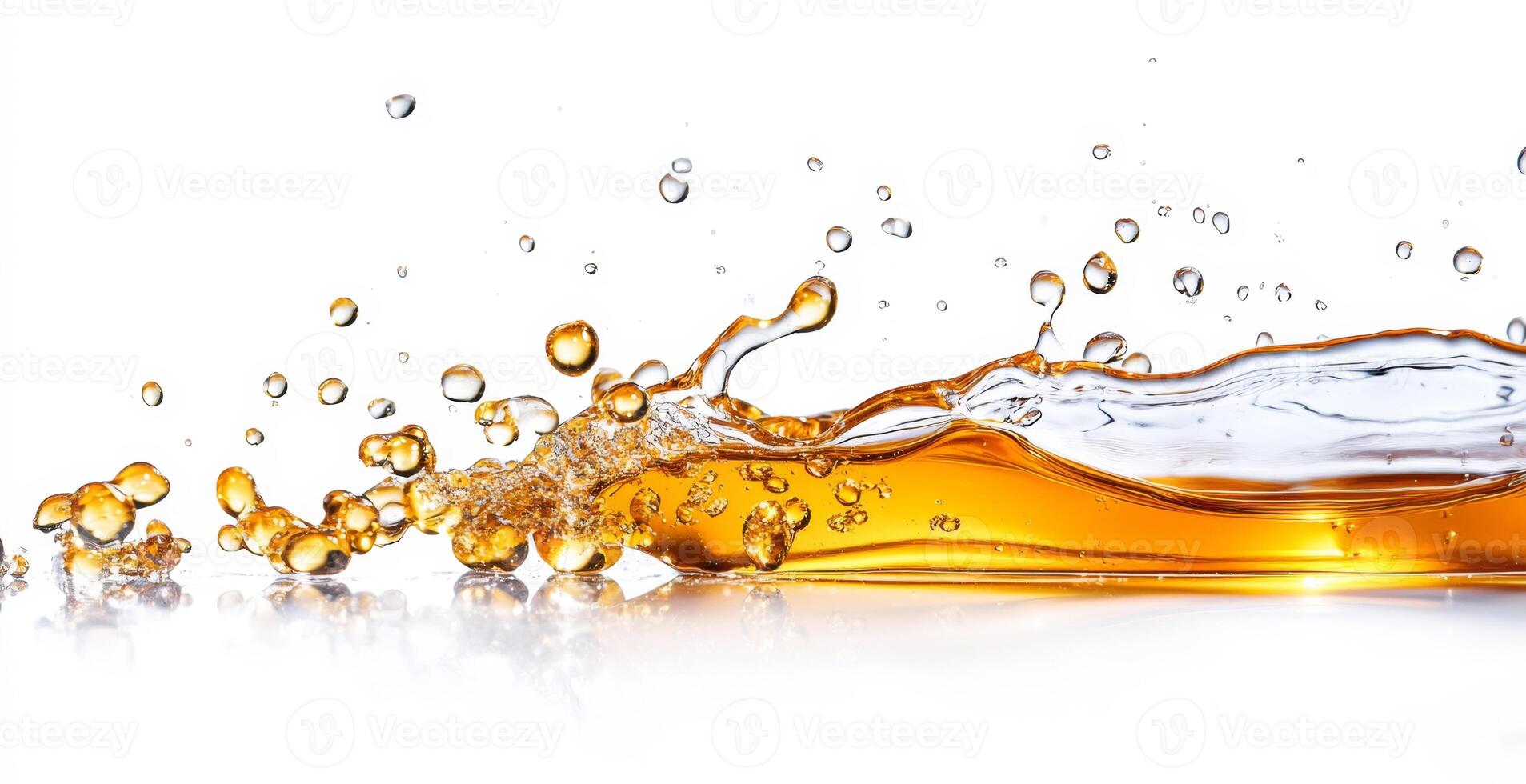Honey splashes dynamically in the air, creating a beautiful cascade of golden liquid droplets against a clean, bright background. The sunlight enhances the glossy texture and movement. photo