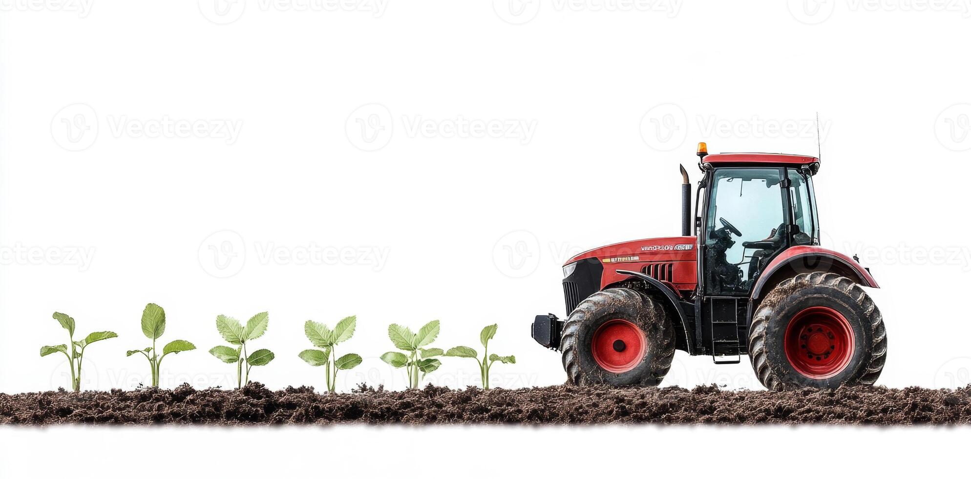 A modern tractor operates on a farm, skillfully tending to rows of young green plants. The equipment showcases innovation in agriculture, optimizing cultivation processes on fertile land. photo