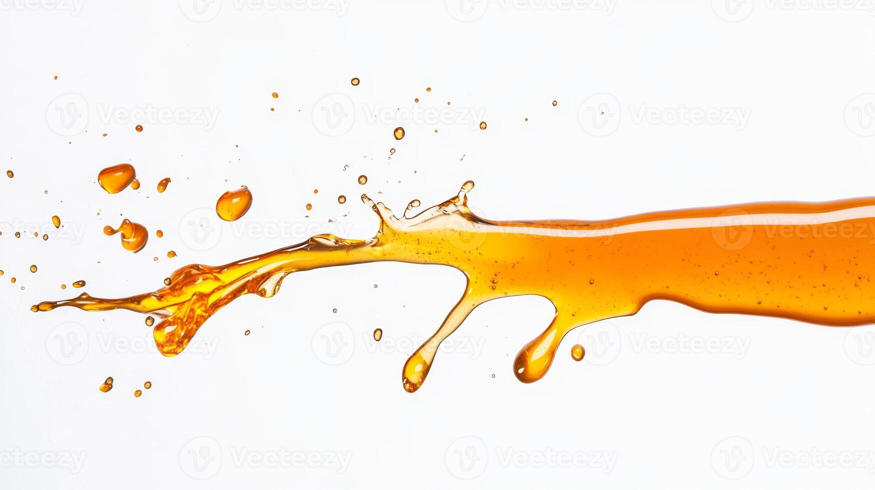 Golden honey spills and splashes brightly against a clean white backdrop, capturing the fluid motion and texture of the liquid. The dynamic movement showcases the sweetness and viscosity of honey. photo