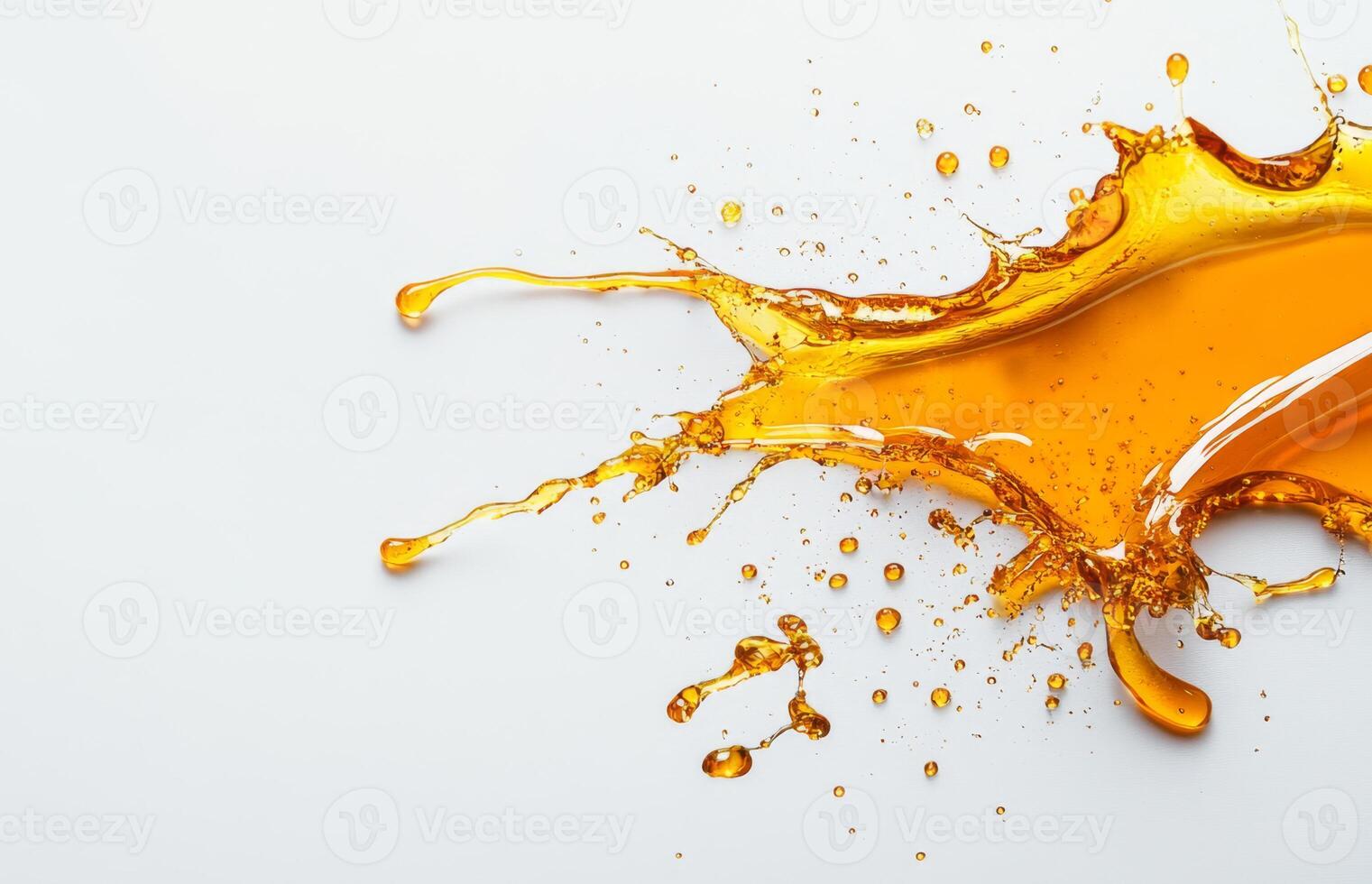 Golden honey splashes across a minimalist surface, creating dynamic droplets in mid-air. The vibrant color stands out against the neutral background, showcasing the liquid's texture and flow. photo