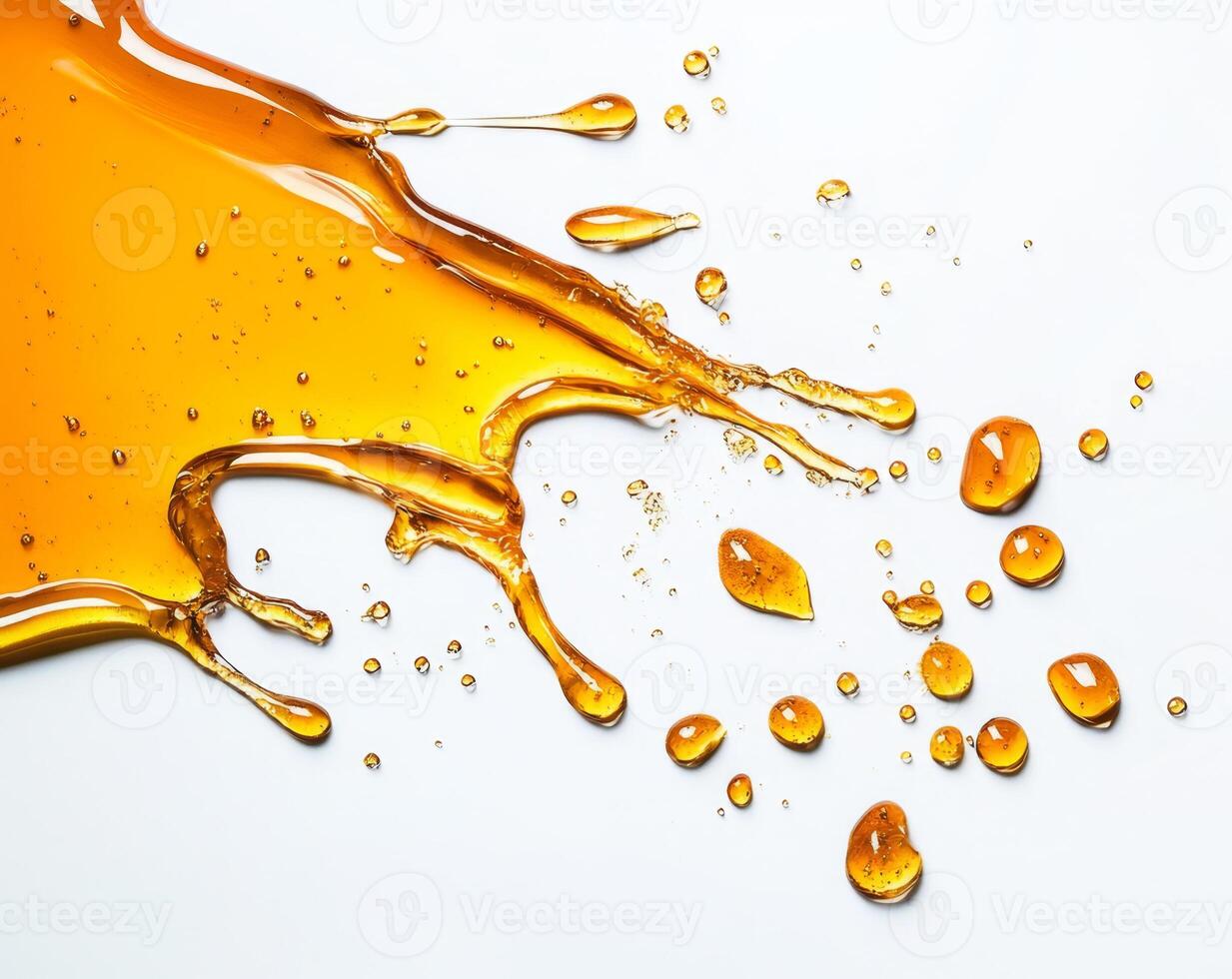 Golden honey spills and splashes across a smooth white background, showcasing its rich texture and glistening droplets. The dynamic movement captures the essence of this natural sweetener elegantly. photo