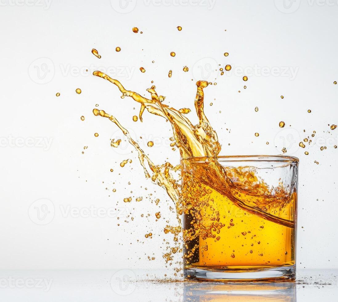 Liquid honey splashes dramatically from a clear glass, creating beautiful droplets against a bright background. The moment captures the essence of movement and sweetness in an artistic display. photo