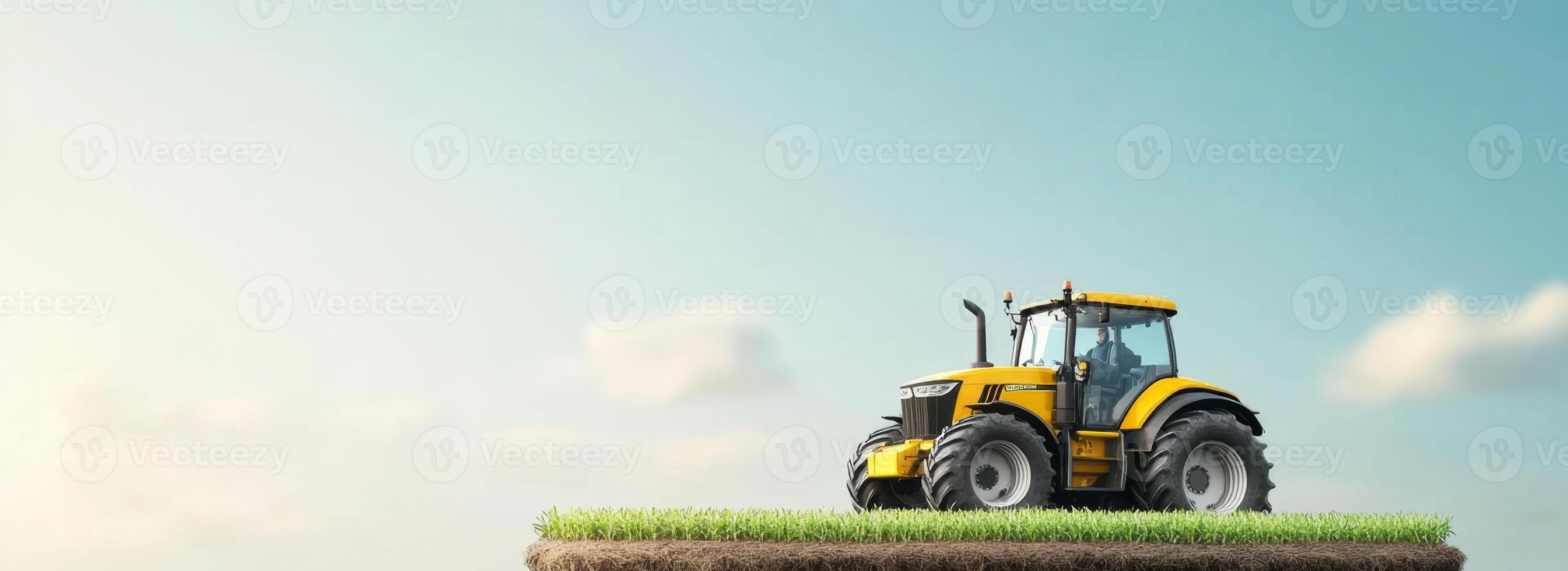 A bright yellow tractor stands on a lush green field under a clear blue sky. The machine symbolizes modern farming, enhancing productivity and efficiency on agricultural lands. photo