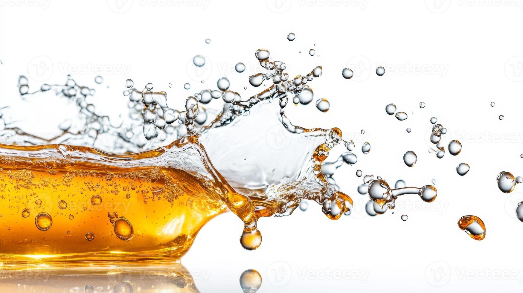 Golden honey splashes energetically as it collides with a surface, forming a cascade of droplets. The clarity of the setting enhances the vibrant color and movement of the liquid. photo