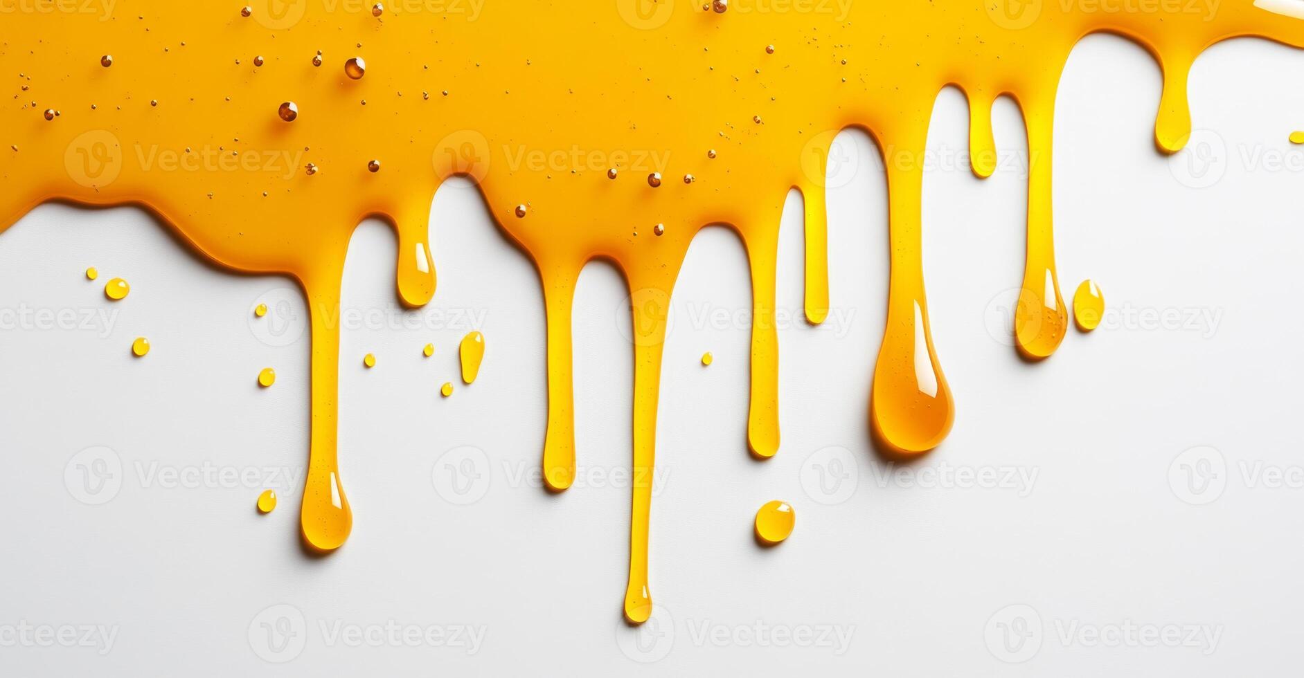 Golden honey splashes across a smooth surface, creating an attractive pattern. The liquid clings and drips, showcasing its viscous texture and reflecting light in a captivating way. photo