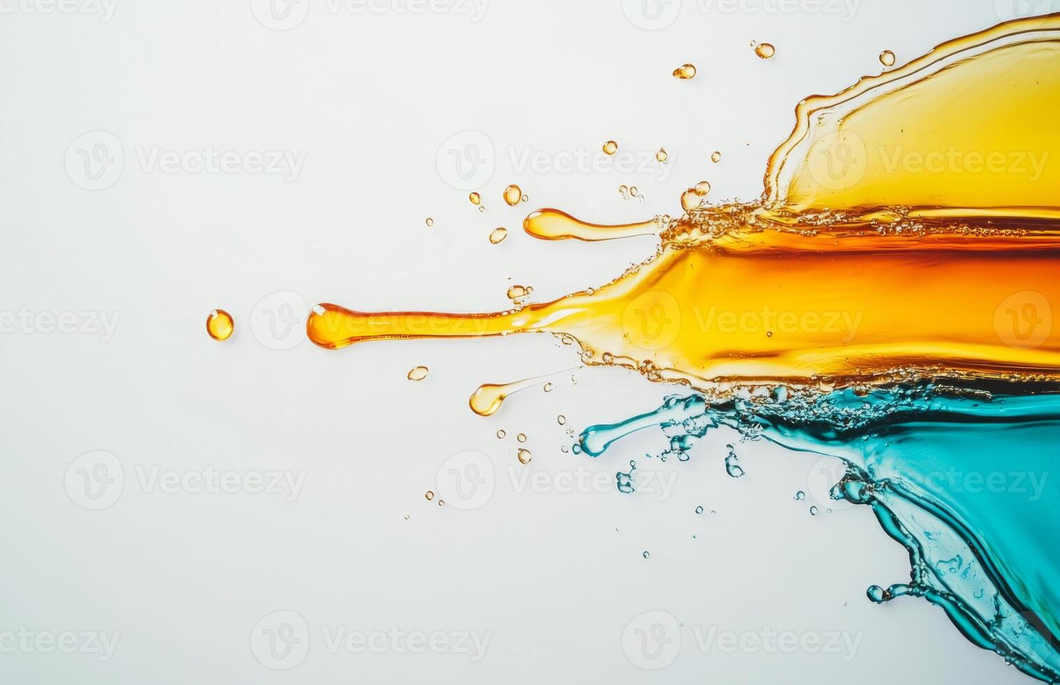 Bright splashes of honey coexist with vibrant liquid droplets, blending together in an artistic display. This dynamic interaction captures the essence of fluid motion and color contrast. photo