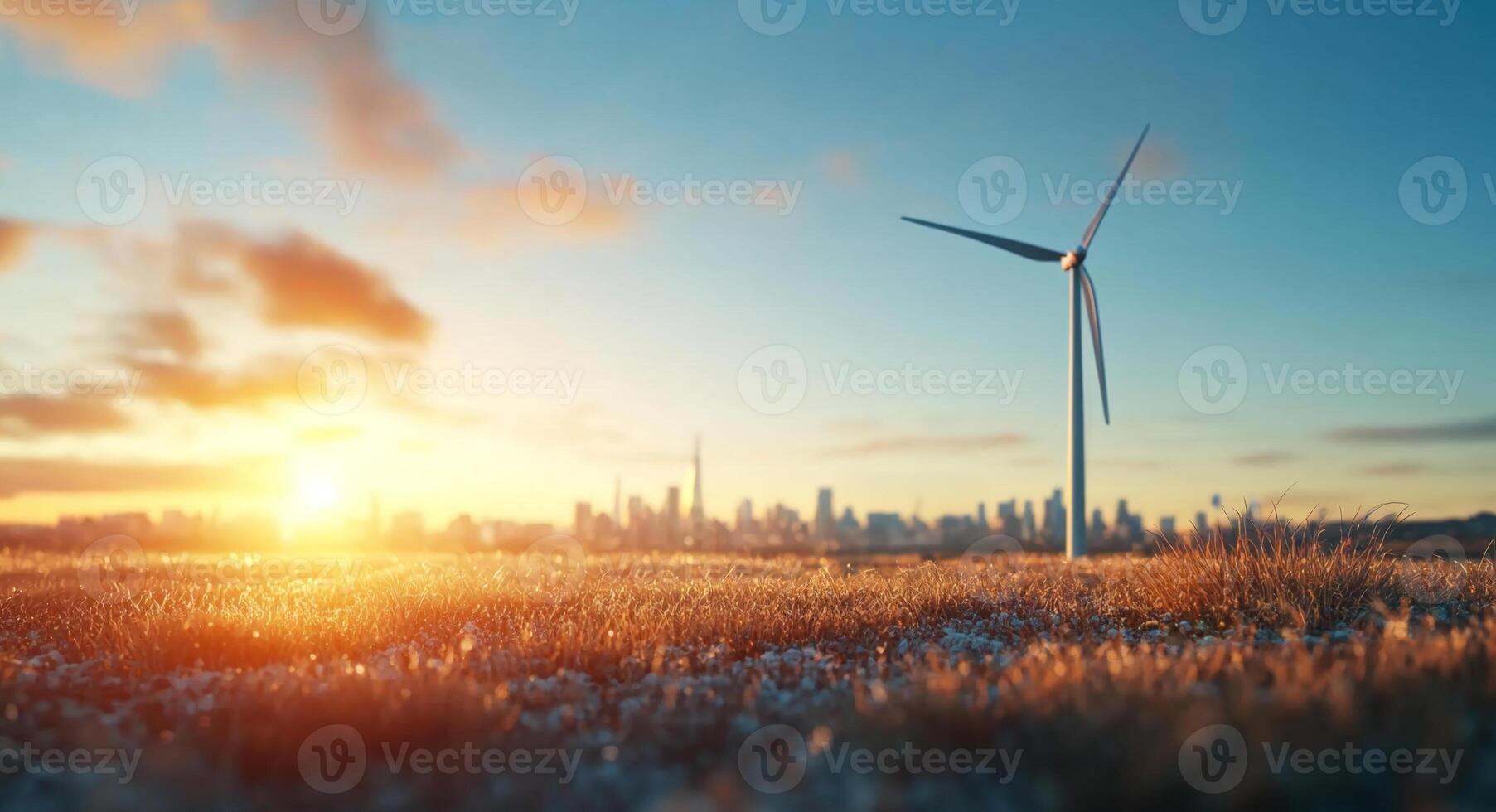 Wind turbines stand tall in a field during sunrise, generating energy while the city skyline glows in the background. The sun casts warm light on the grass, highlighting ecological efforts. photo