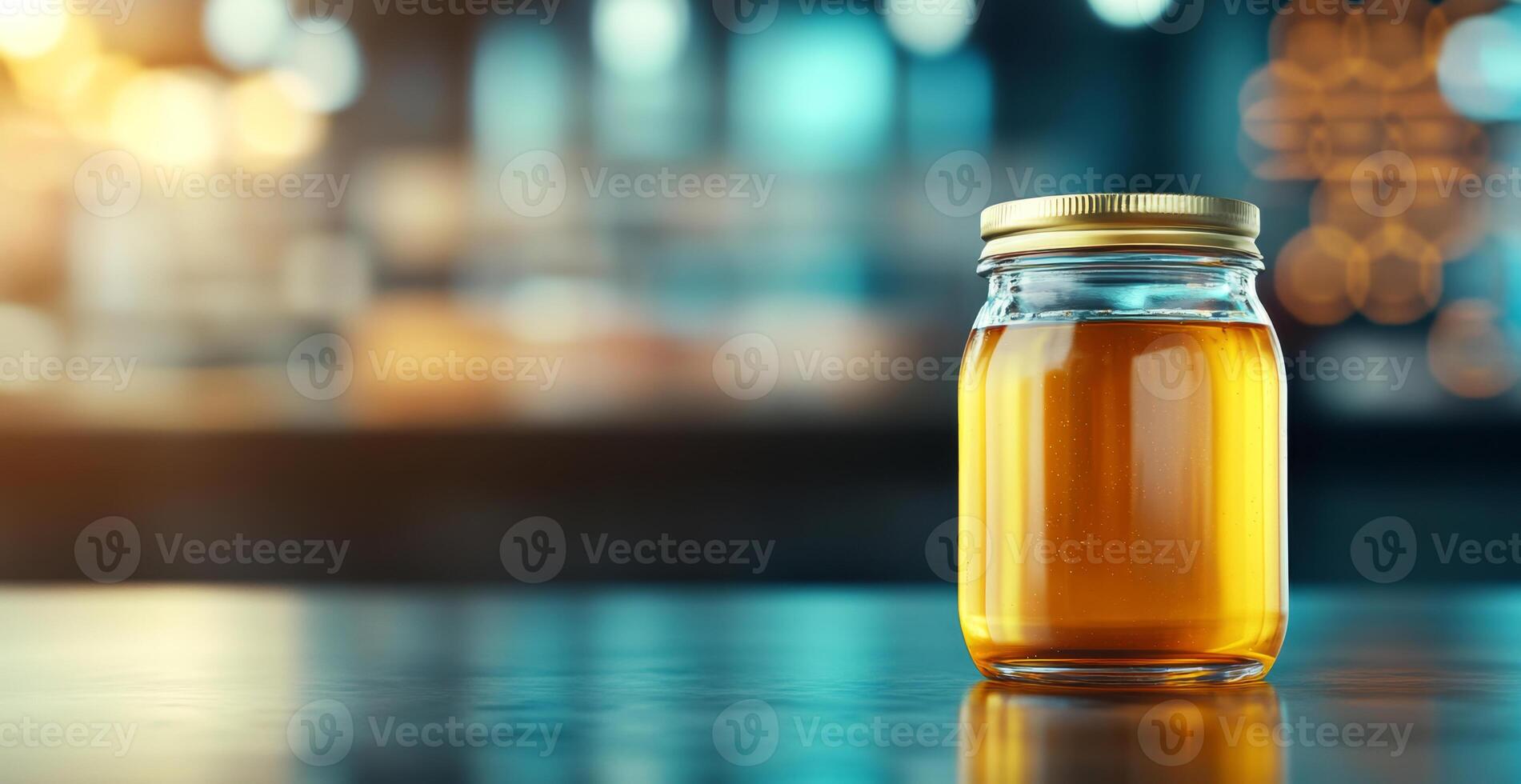 A jar of golden organic honey sits on a wooden table, reflecting warm light in a cozy indoor environment. This showcases the rewards of beekeeping and the beauty of natural products. photo