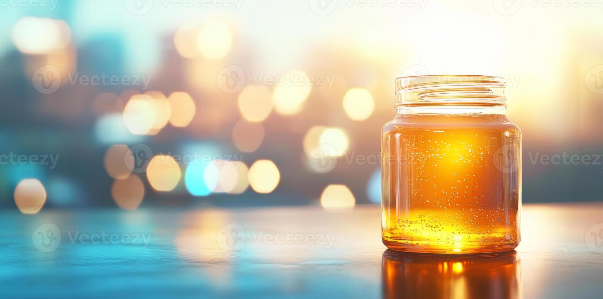 A glass jar filled with golden honey rests on a wooden surface, bathed in soft evening light. The blurred cityscape adds warmth, highlighting the organic nature of the honey. photo