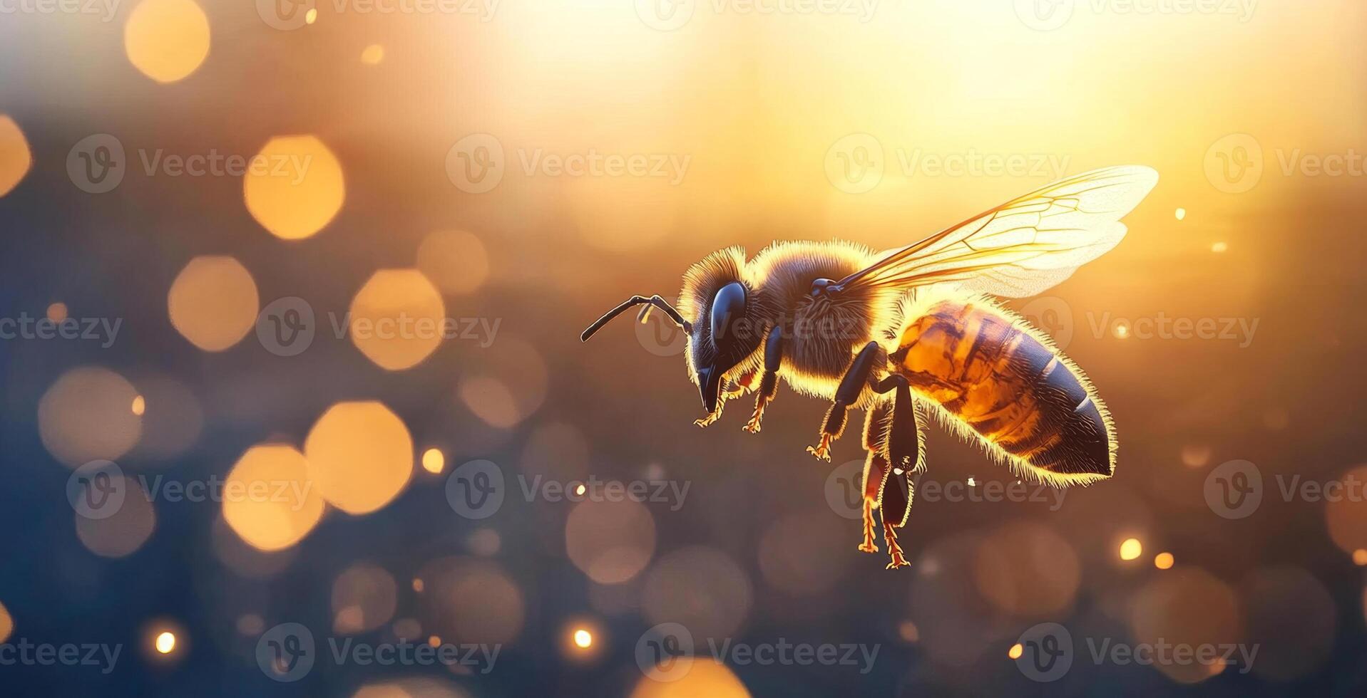 A honey bee hovers gracefully in the warm sunlight, surrounded by shimmering bokeh effects. The scene captures the intricate beauty of the bee and its environment, emphasizing its role in nature. photo