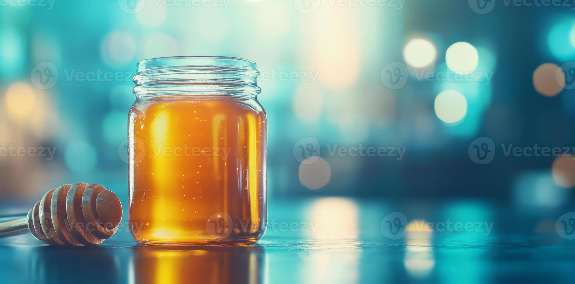 A glass jar filled with golden organic honey sits on a rustic table. A wooden dipper rests beside it, reflecting the warm, inviting glow of light in the cozy environment. photo