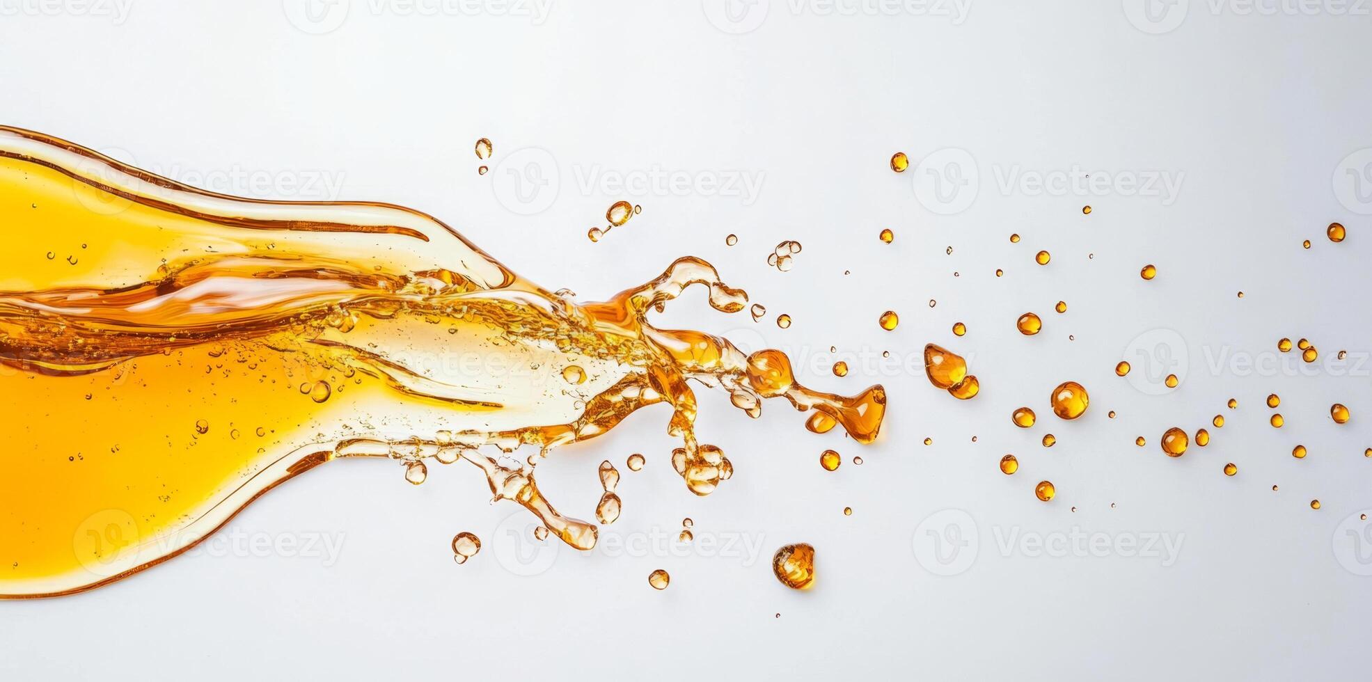 Golden honey splashes across a light surface, creating droplets and a flowing texture. The liquid displays a rich hue that conveys sweetness and fluid movement, capturing a dynamic moment. photo