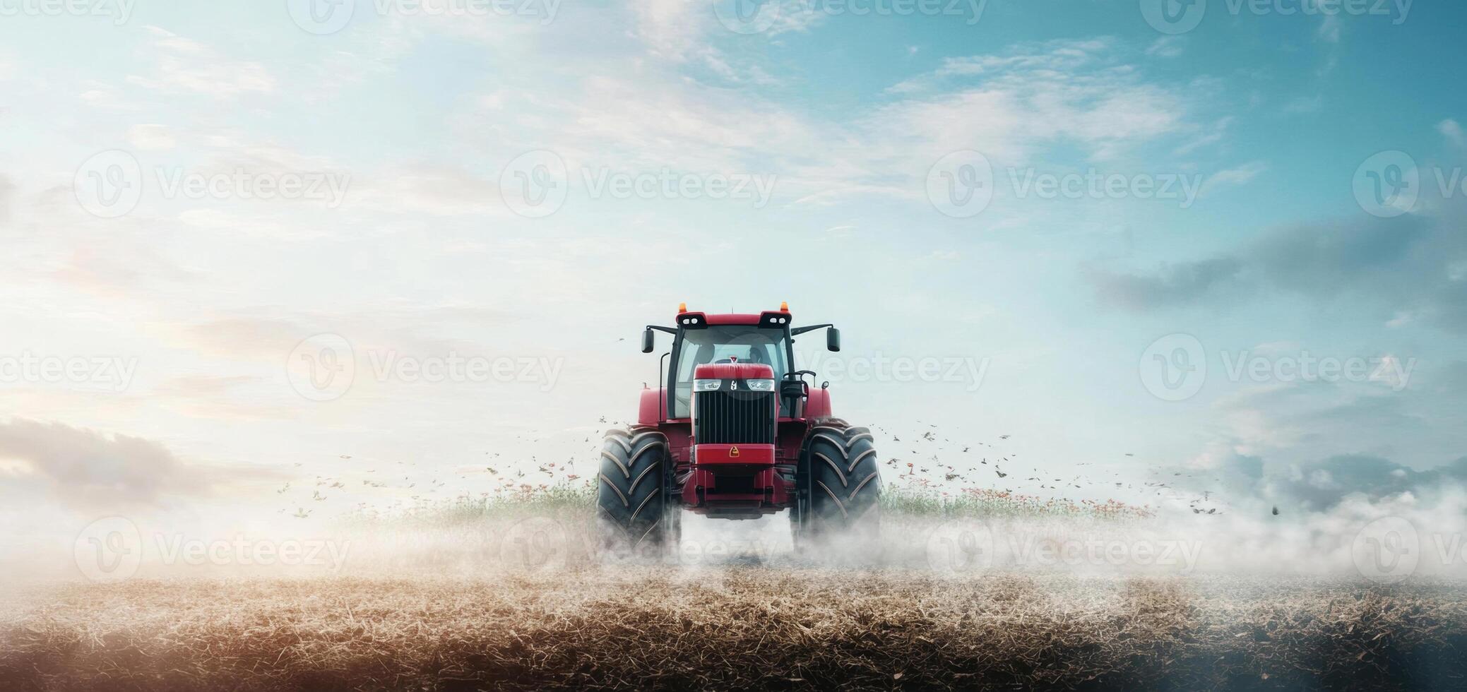 A powerful red tractor moves across a freshly plowed farm field, creating dust and mist. The sun shines brightly in the clear blue sky, highlighting the agricultural activity in a rural setting. photo