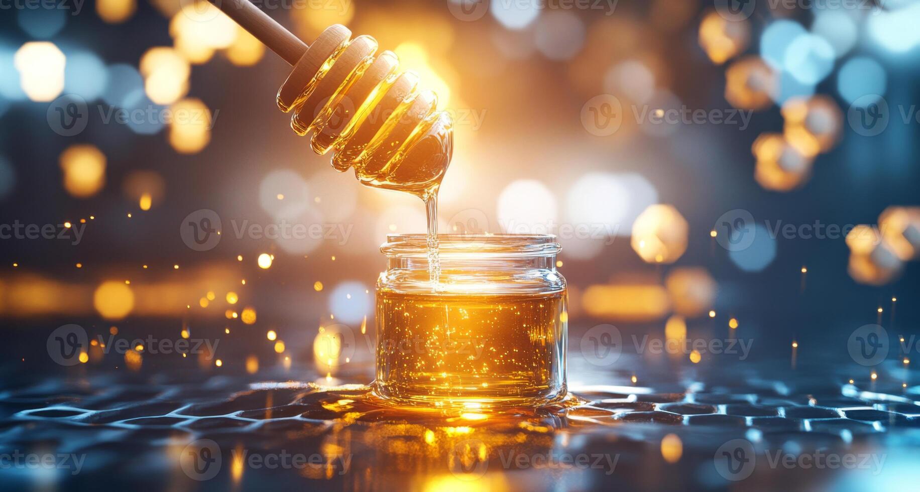 A wooden stick drips golden honey into a glass jar filled with organic honey. The warm glow highlights the natural sweetness, capturing the essence of beekeeping in an enchanting atmosphere. photo