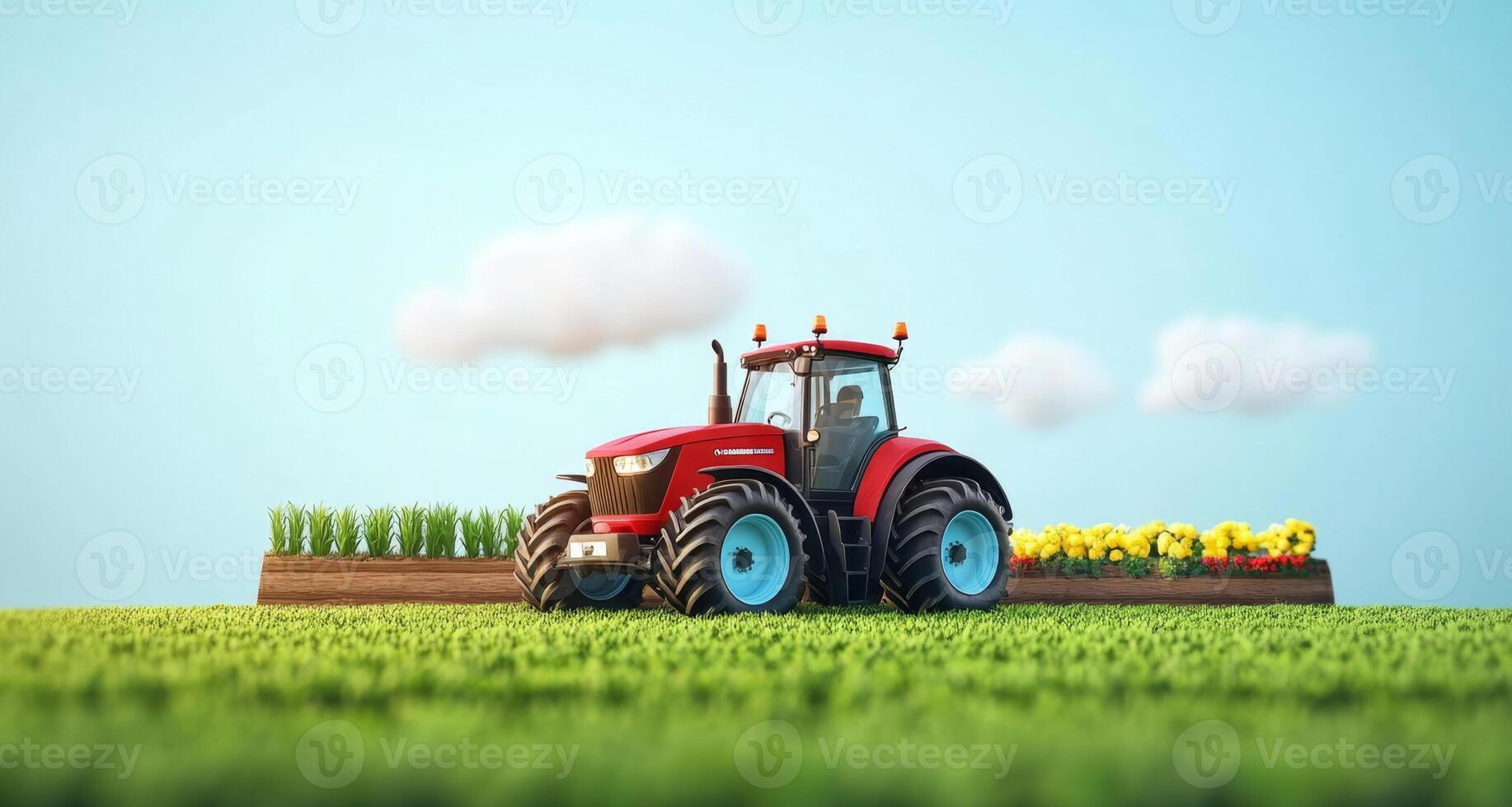 Modern tractor operates efficiently in vibrant fields, cultivating crops and flowers under a clear blue sky. photo
