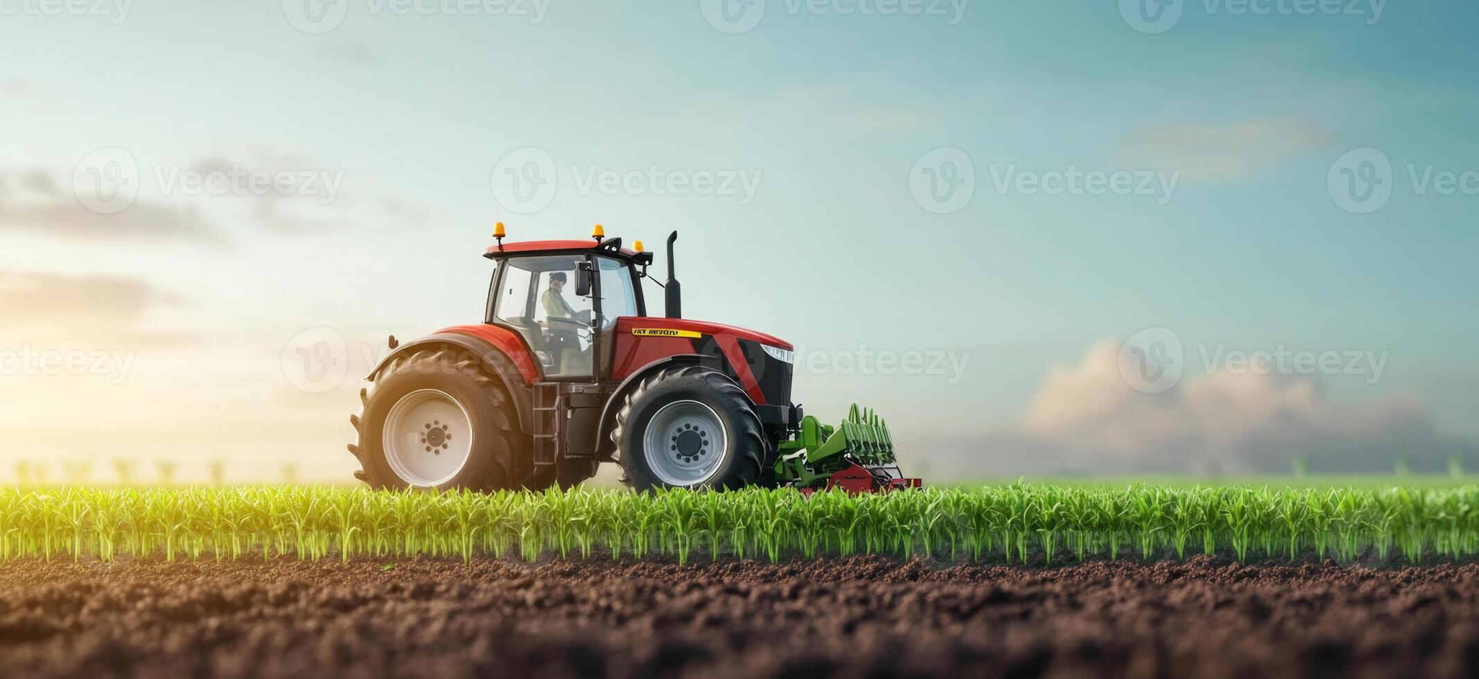 A modern tractor plows through vibrant green fields under a clear blue sky. The vehicle enhances farming efficiency while the sun casts a warm light on the growing crops around it. photo