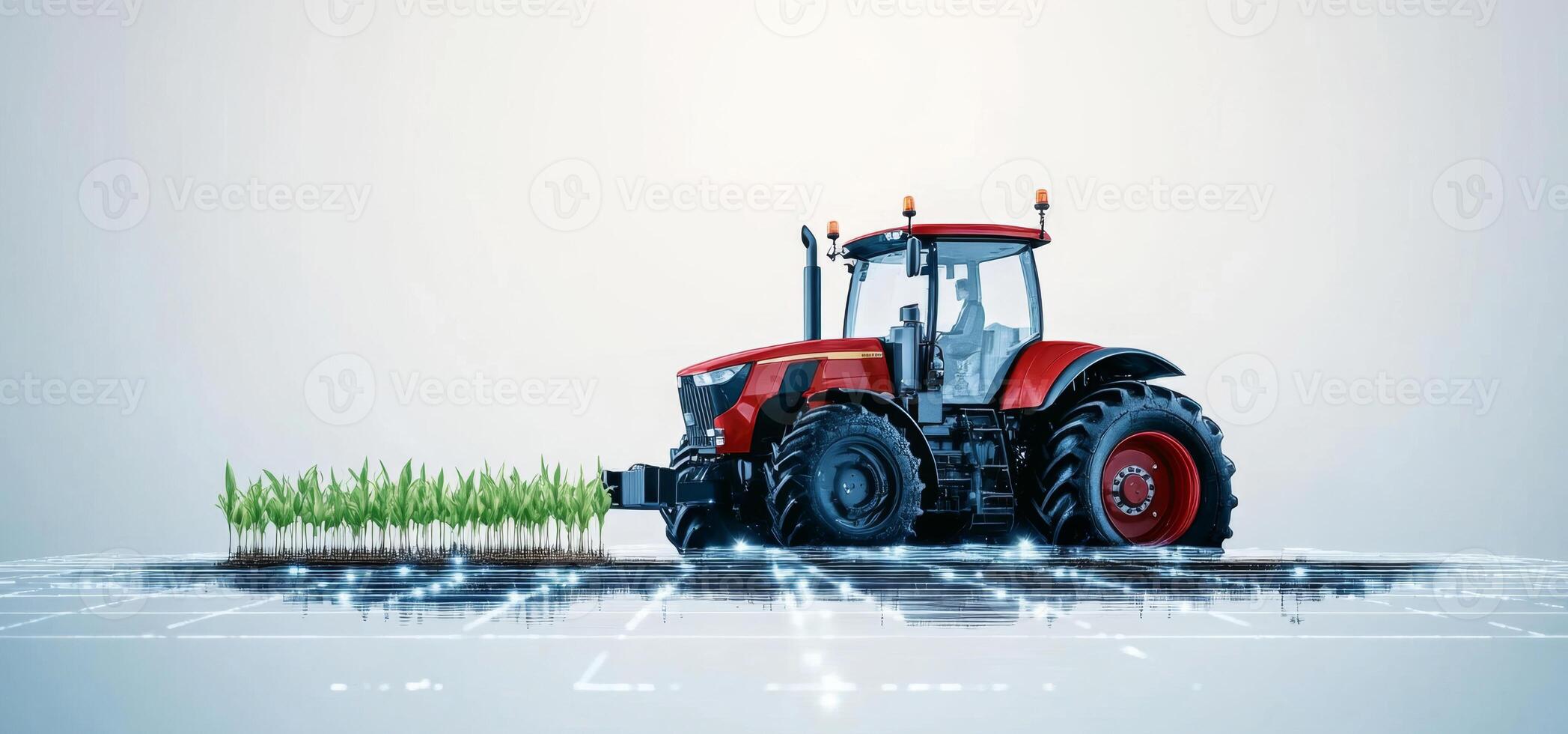 A smart tractor operates on a farm, enhancing efficiency in crop management. It utilizes advanced technology to optimize planting and care for growing fields. photo