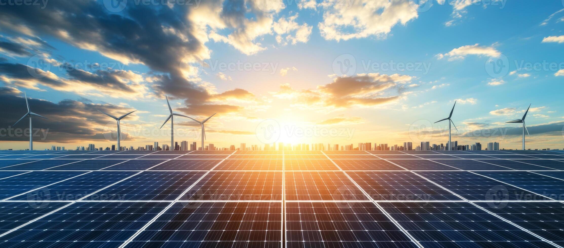Rows of solar panels reflect the warm glow of the sunset, while wind turbines spin in the distance. photo