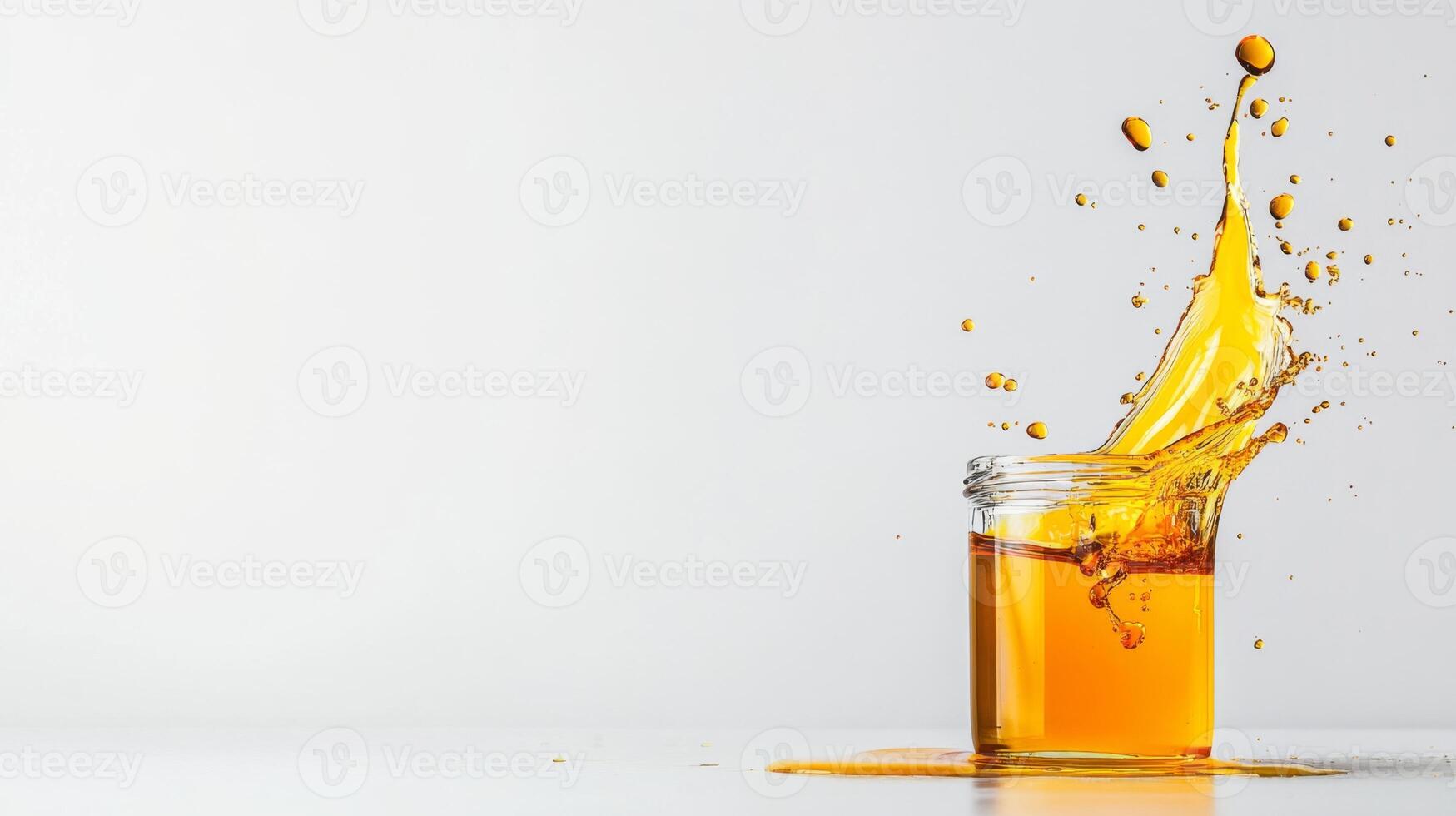 Golden honey splashes dramatically from a glass jar, creating a mesmerizing liquid display against a simple light background. The scene captures the essence of sweetness and movement. photo