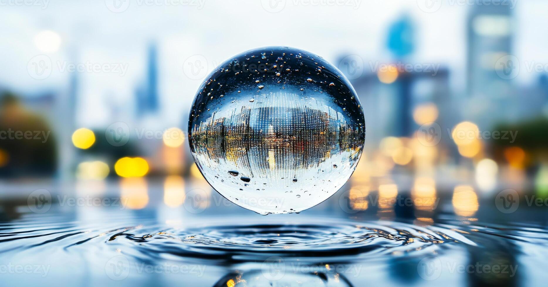 A crystal ball hovers above a tranquil water surface, reflecting a vibrant city skyline filled with skyscrapers and twinkling lights during twilight. The scene exudes a magical atmosphere. photo
