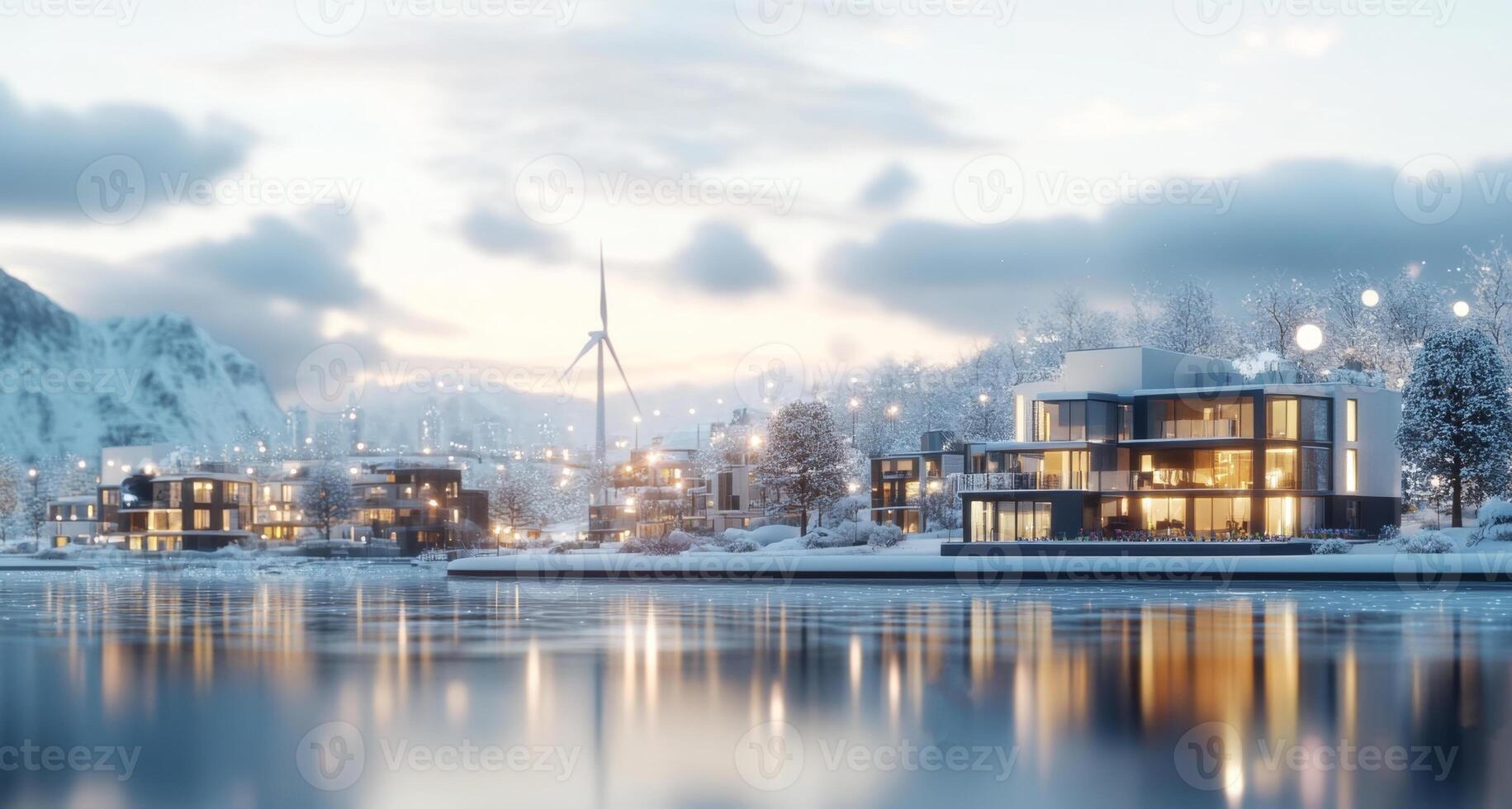 Modern homes are positioned by a serene lake in a winter setting, showcasing eco-friendly designs. Wind turbines stand tall in the background, harnessing renewable energy amidst snow-covered trees. photo